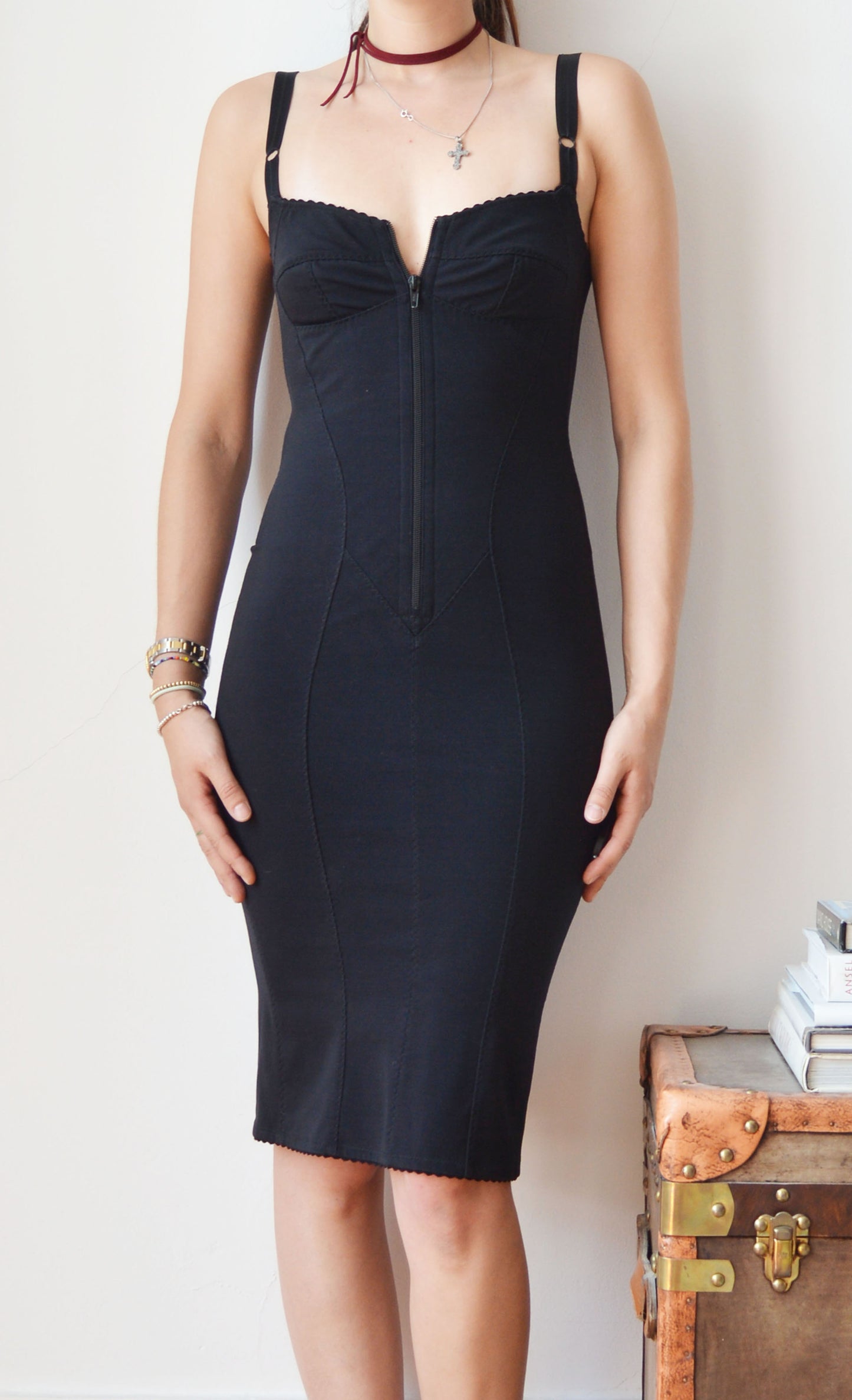 vintage 90s dolce gabbana black bodycon zipper dress