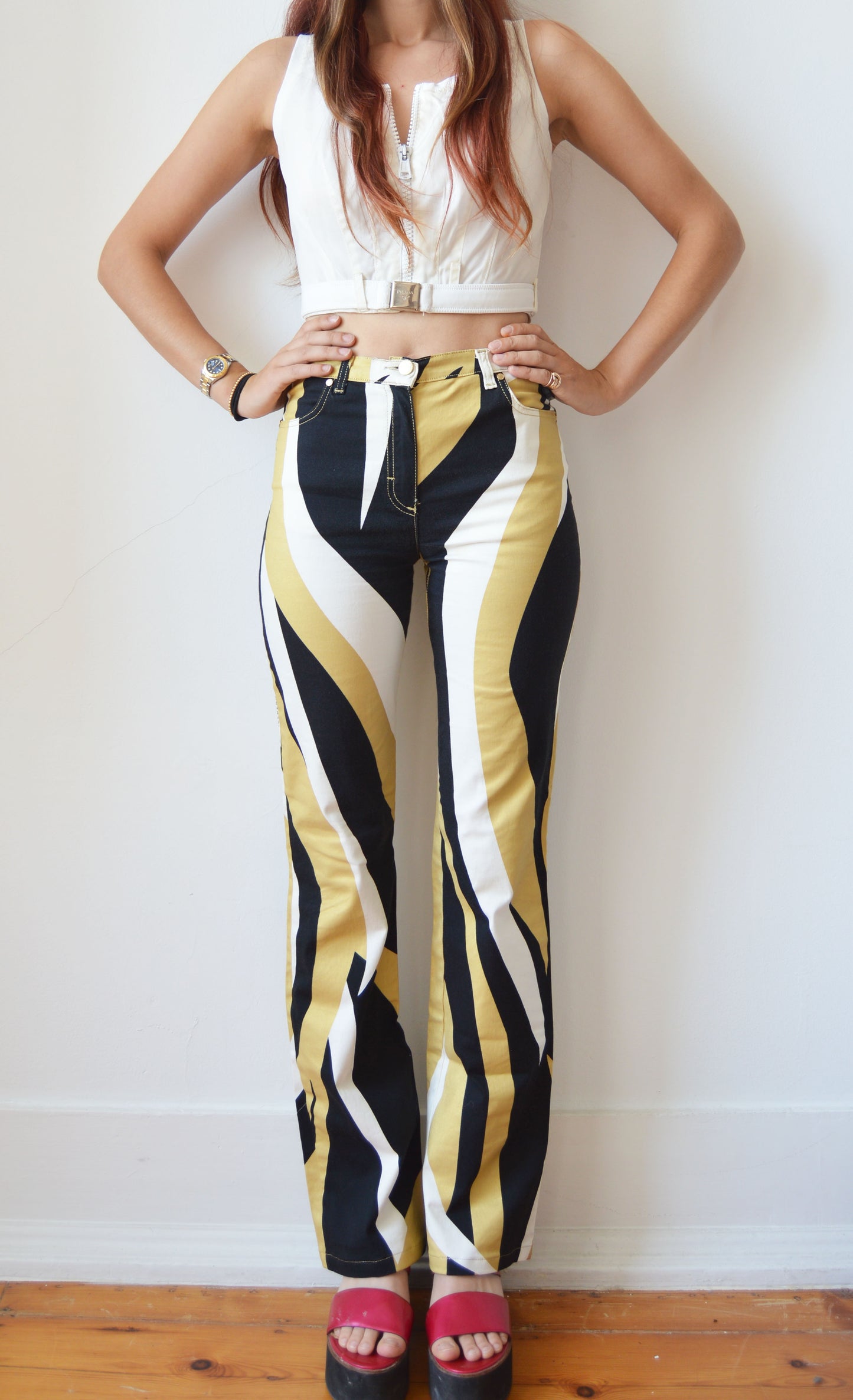 vintage iceberg ss 2001 black beige white patterned jeans