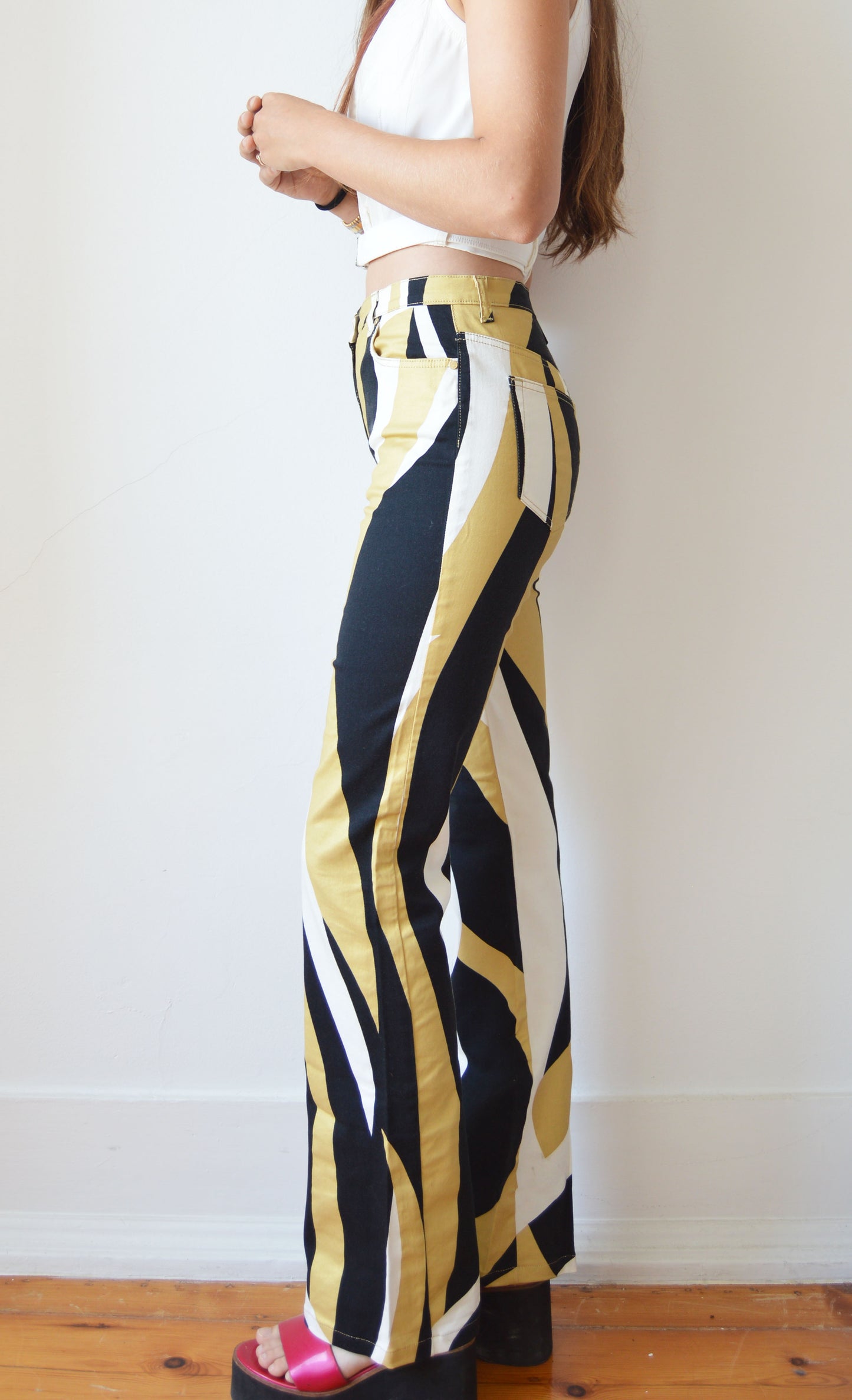 vintage iceberg ss 2001 black beige white patterned jeans