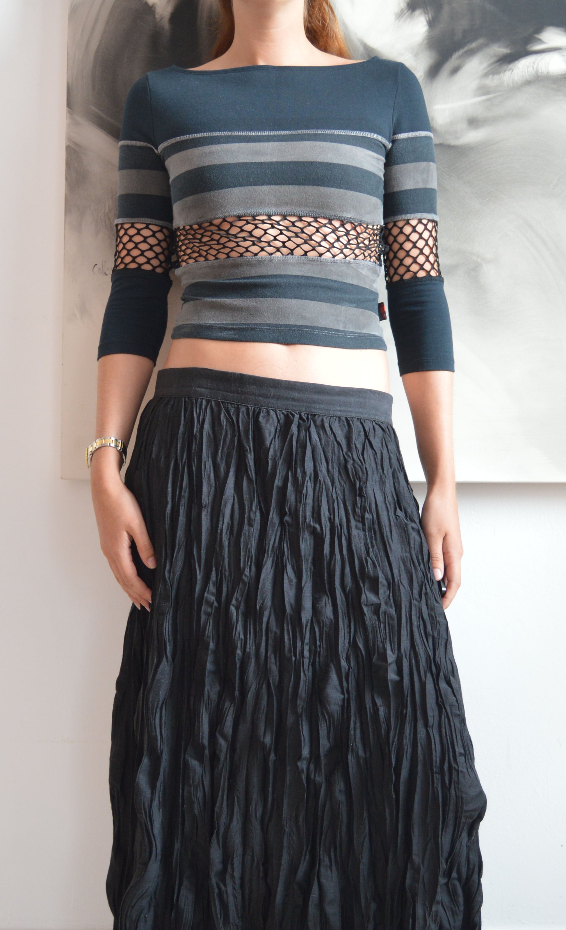 vintage jpg jeans striped top with fishnet detail