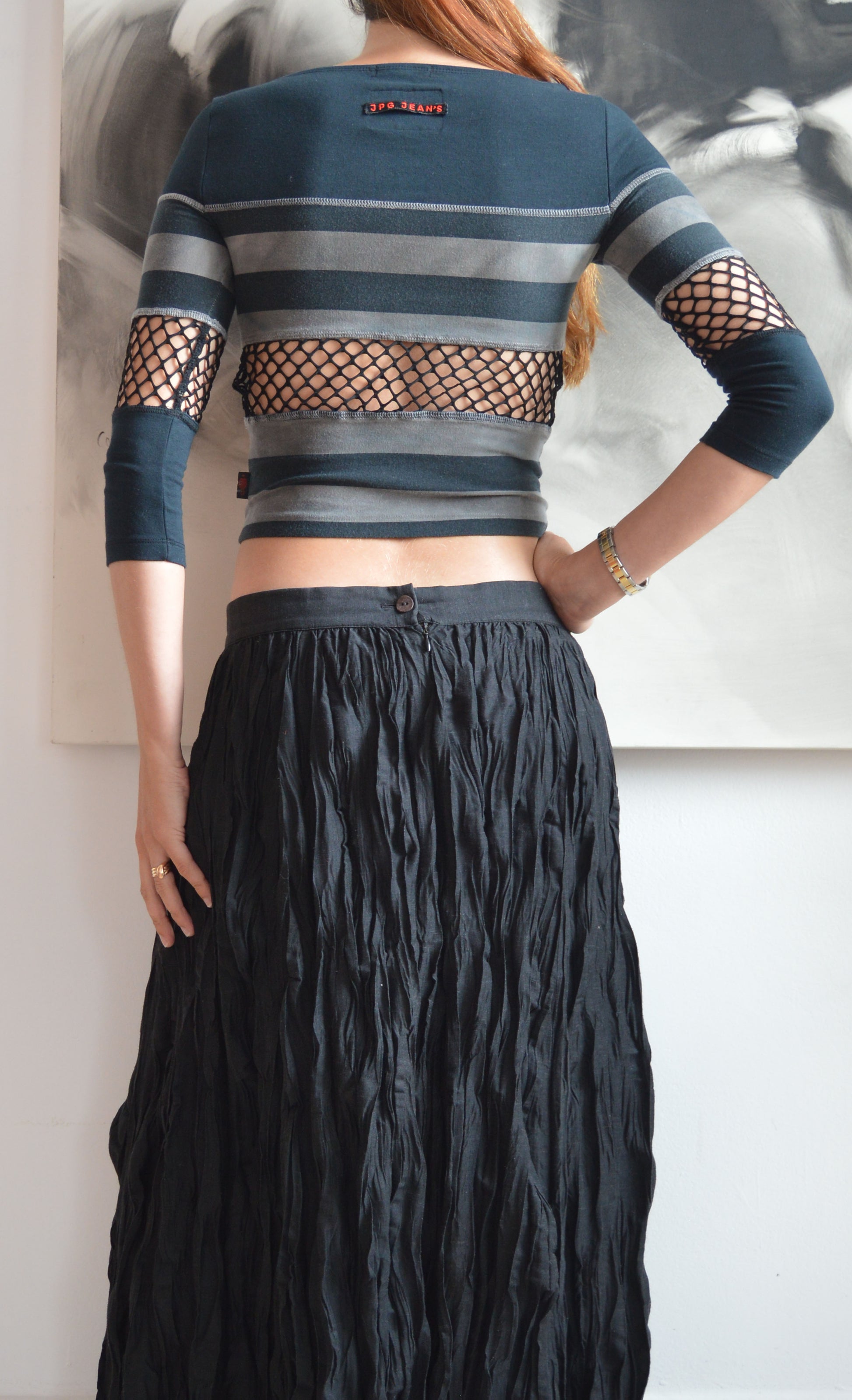 vintage jpg jeans striped top with fishnet detail