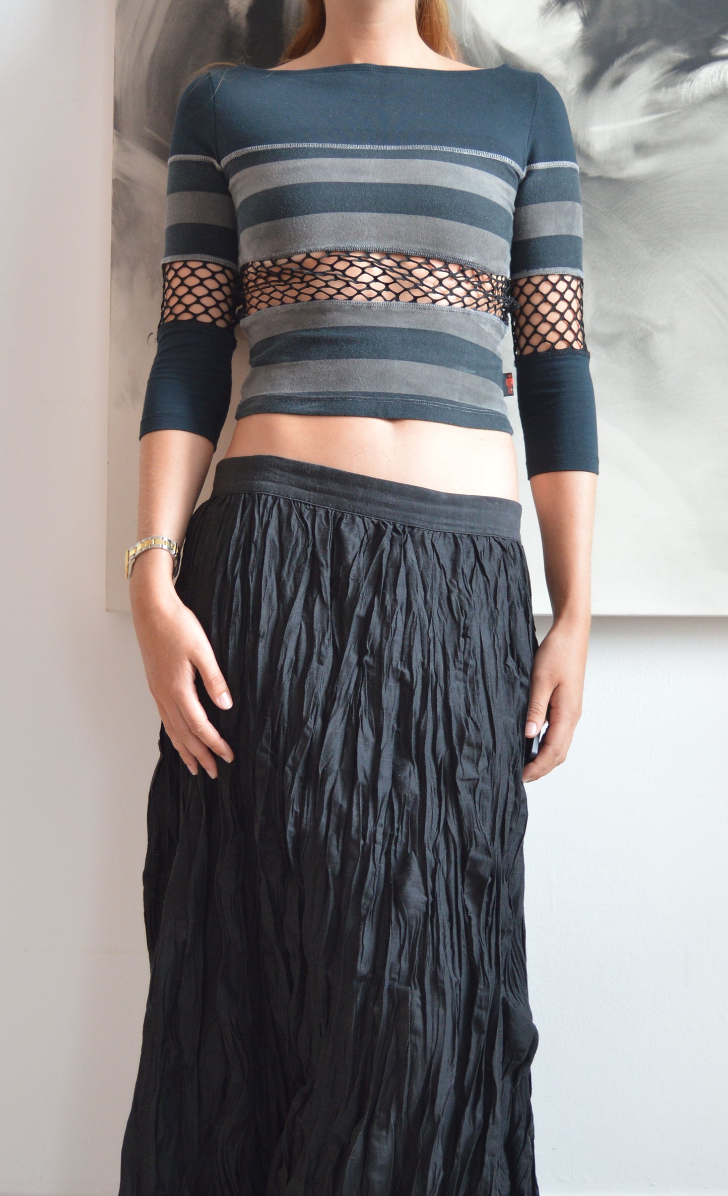 vintage jpg jeans striped top with fishnet detail