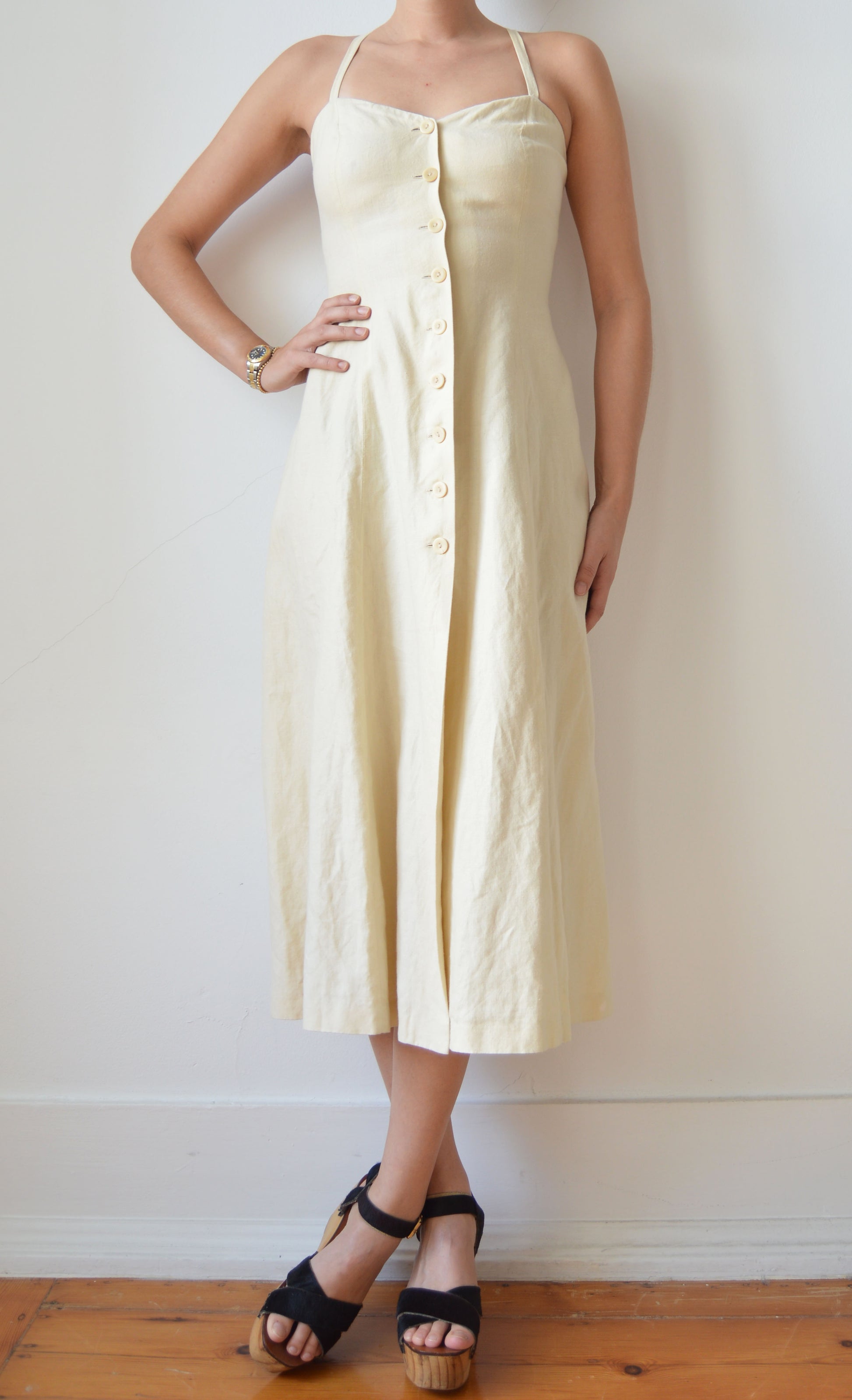 vintage kenzo cream linen dress with crossover back