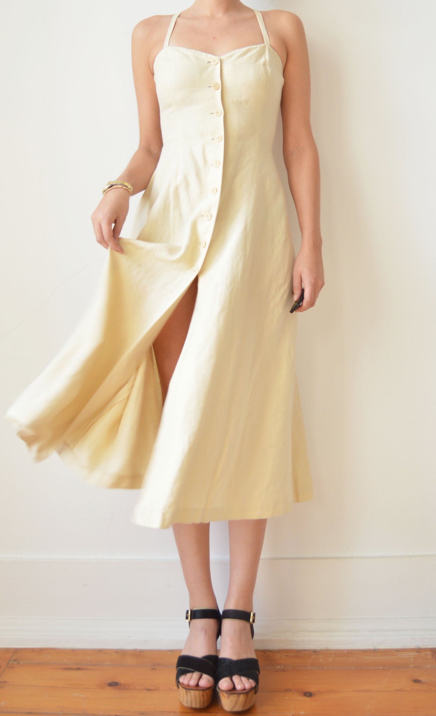 vintage kenzo cream linen dress with crossover back