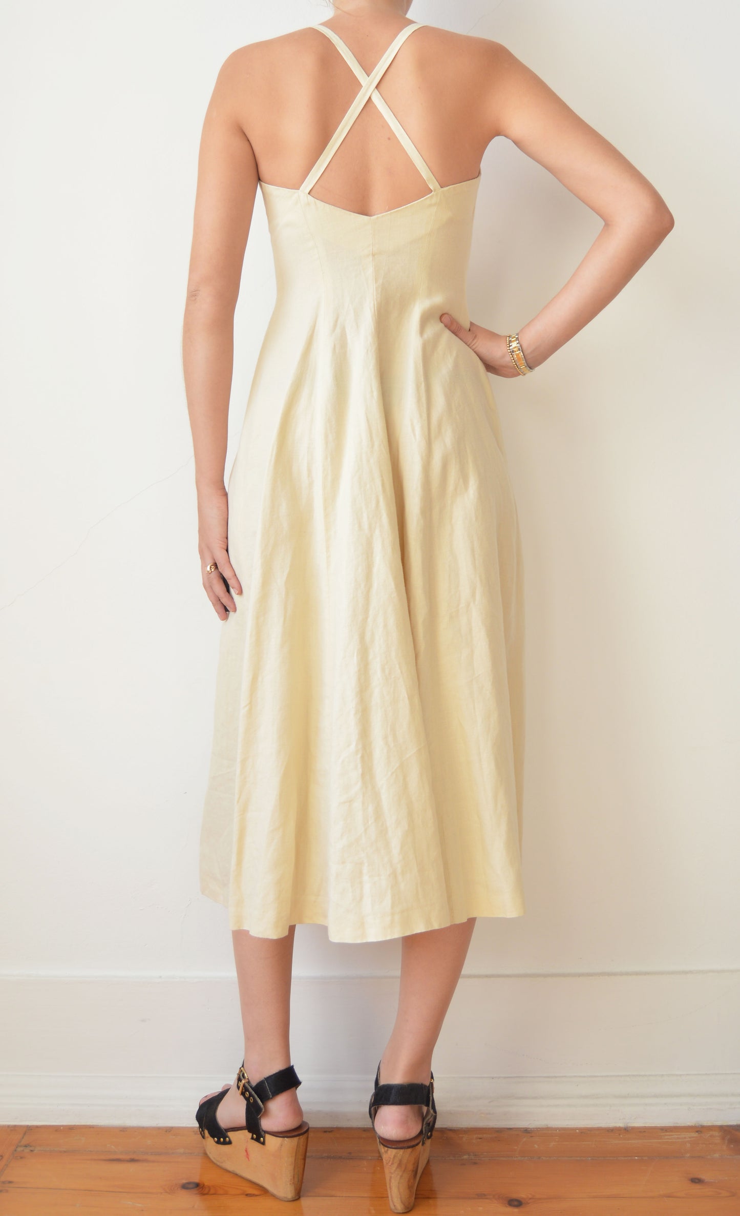 vintage kenzo cream linen dress with crossover back