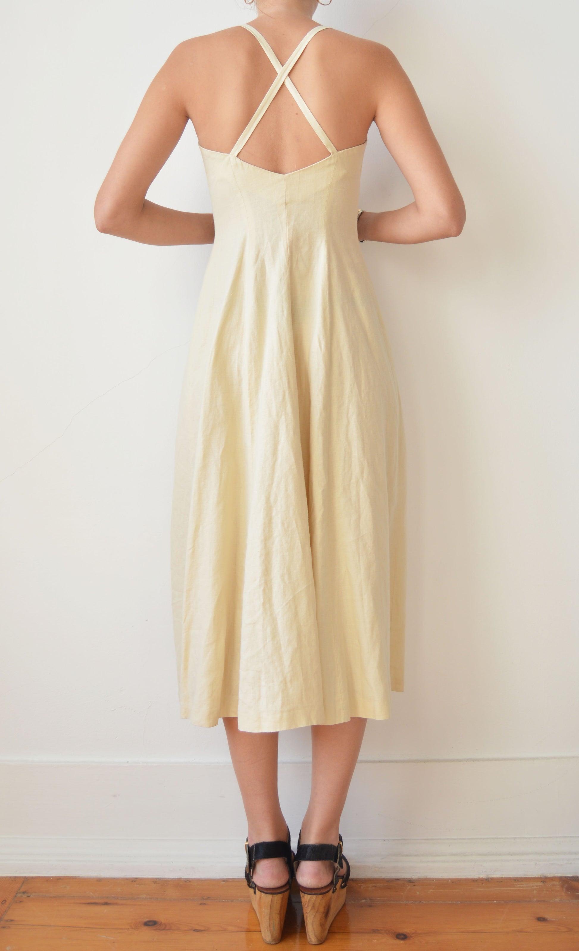 vintage kenzo cream linen dress with crossover back