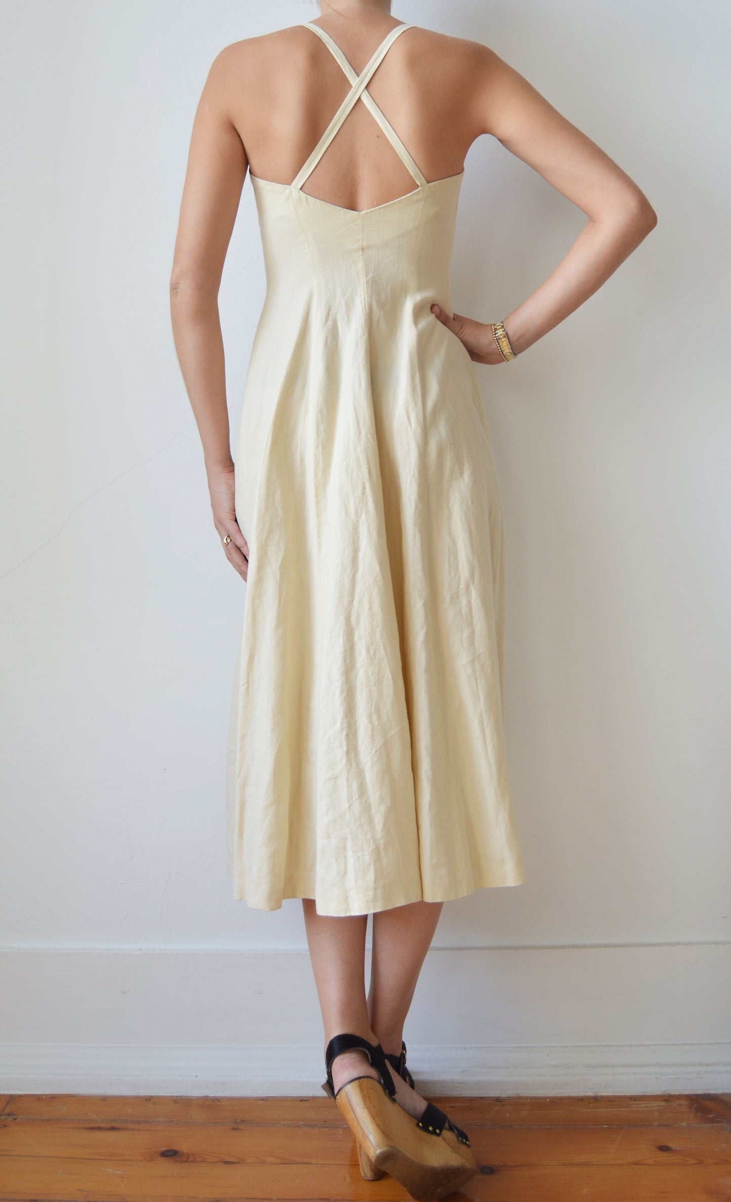 vintage kenzo cream linen dress with crossover back