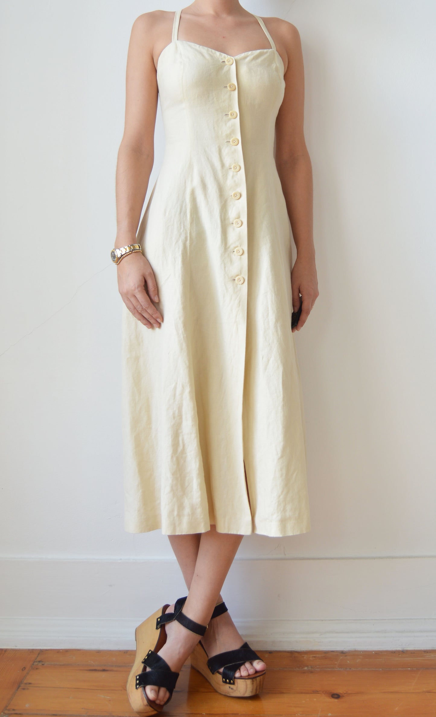 vintage kenzo cream linen dress with crossover back