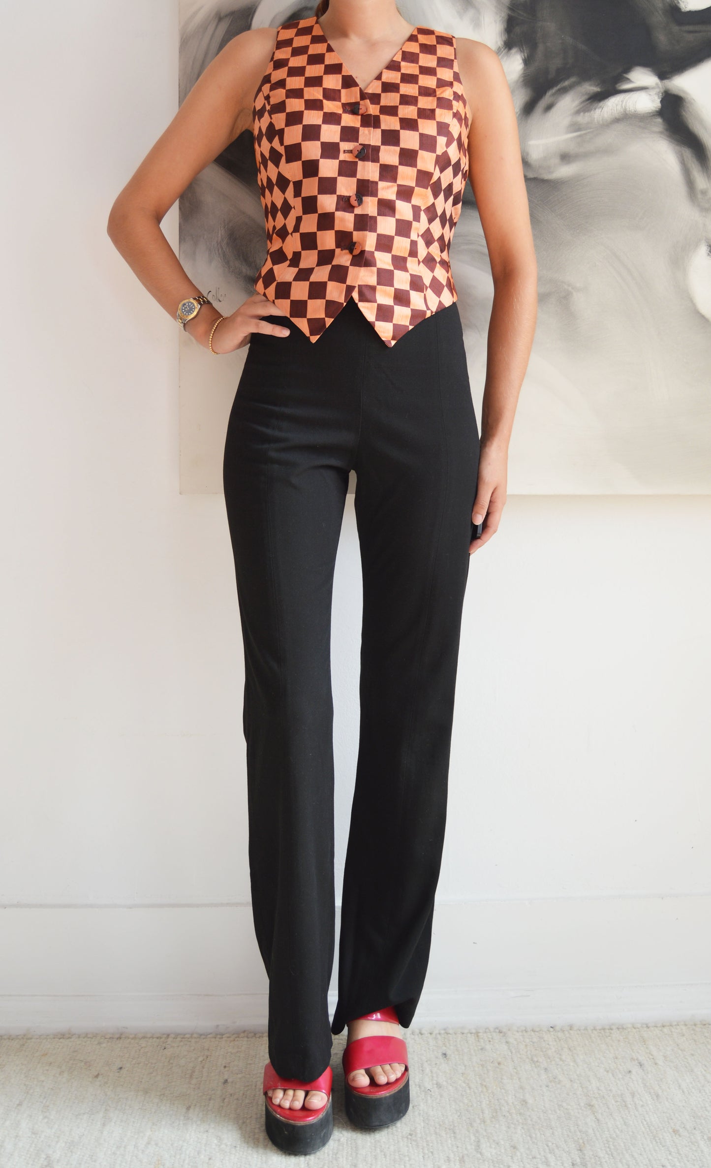 vintage kenzo silk checkered waistcoat