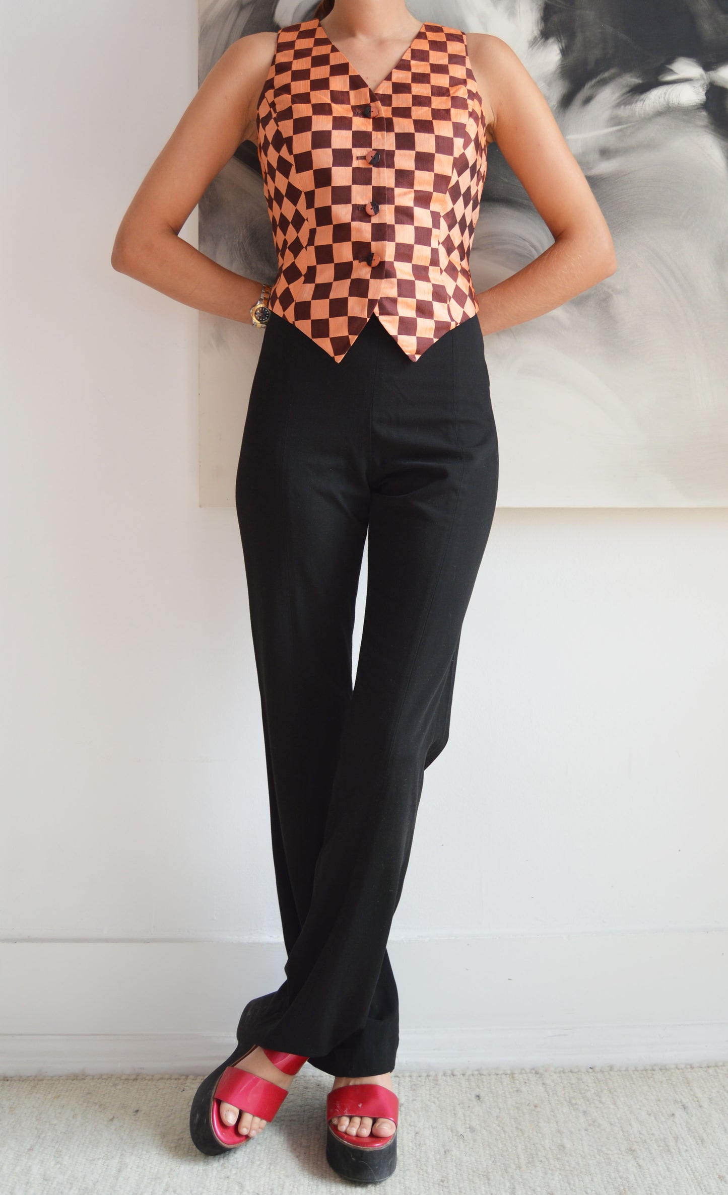 vintage kenzo silk checkered waistcoat