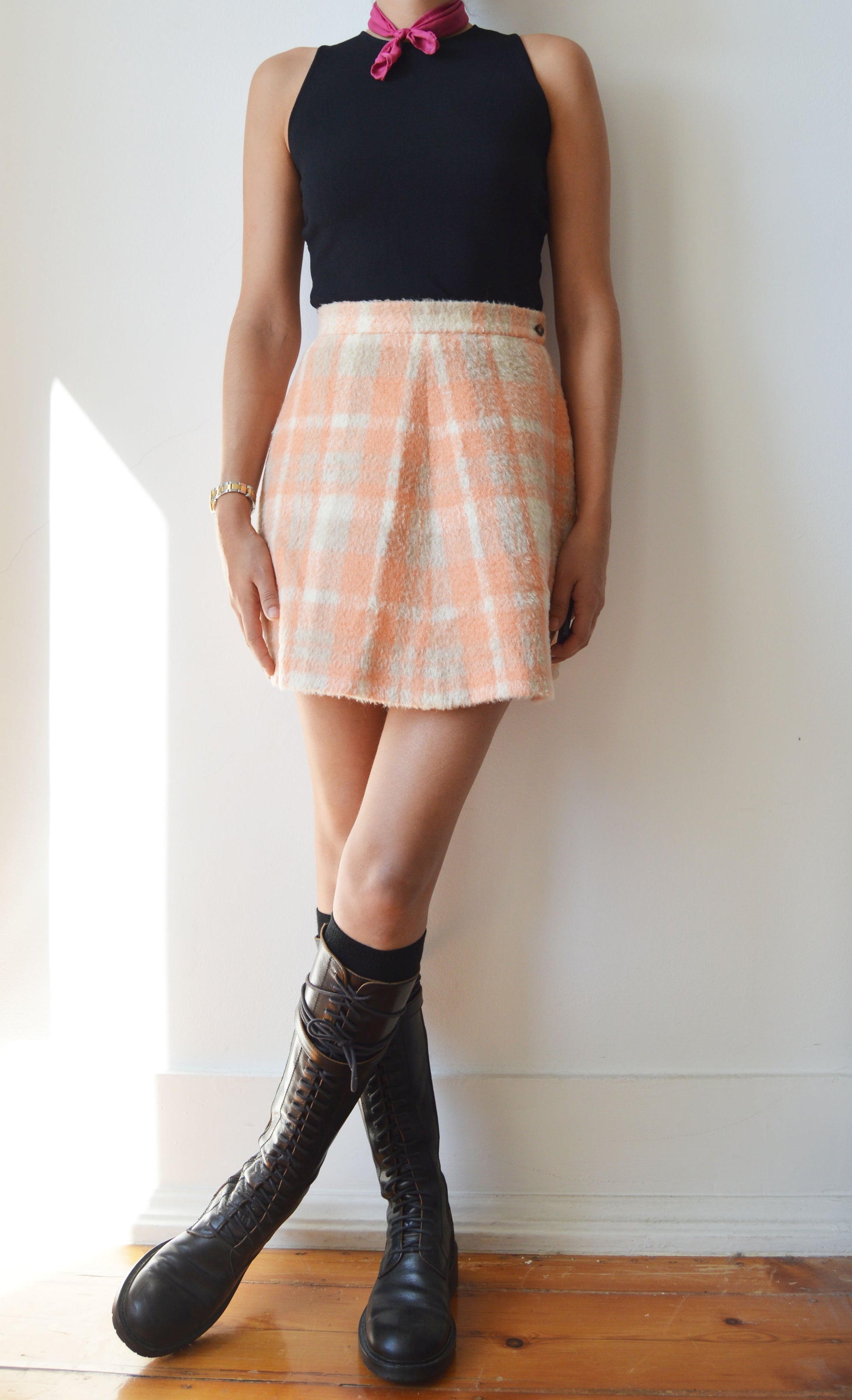 vintage prada fw 1992 apricot checked mini skirt