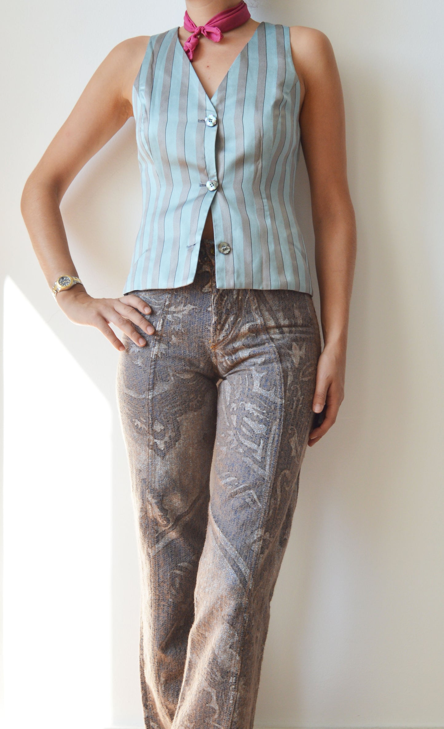vintage prada ss 1990 blue silk striped waistcoat top
