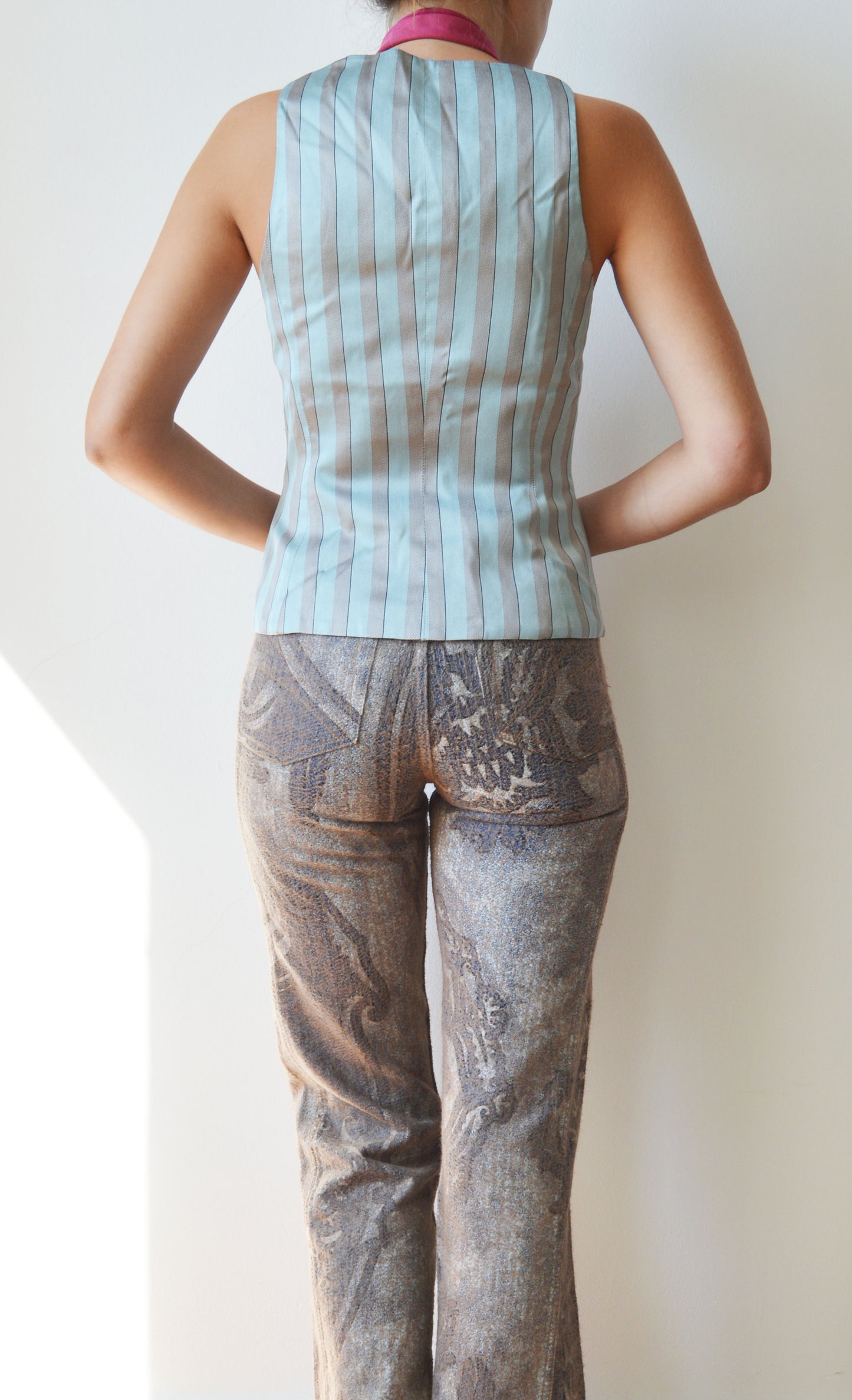 vintage prada ss 1990 blue silk striped waistcoat top