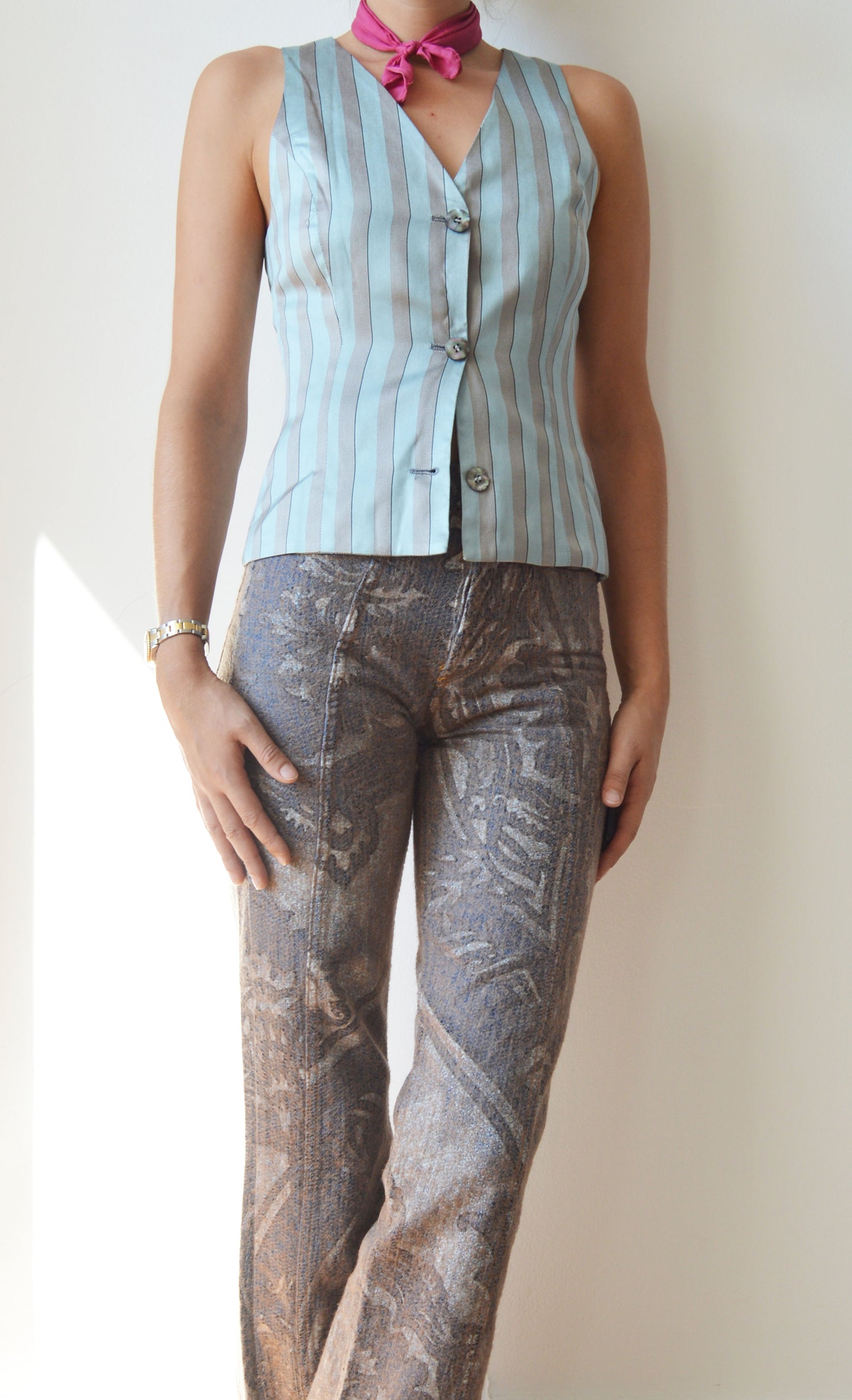 vintage prada ss 1990 blue silk striped waistcoat top
