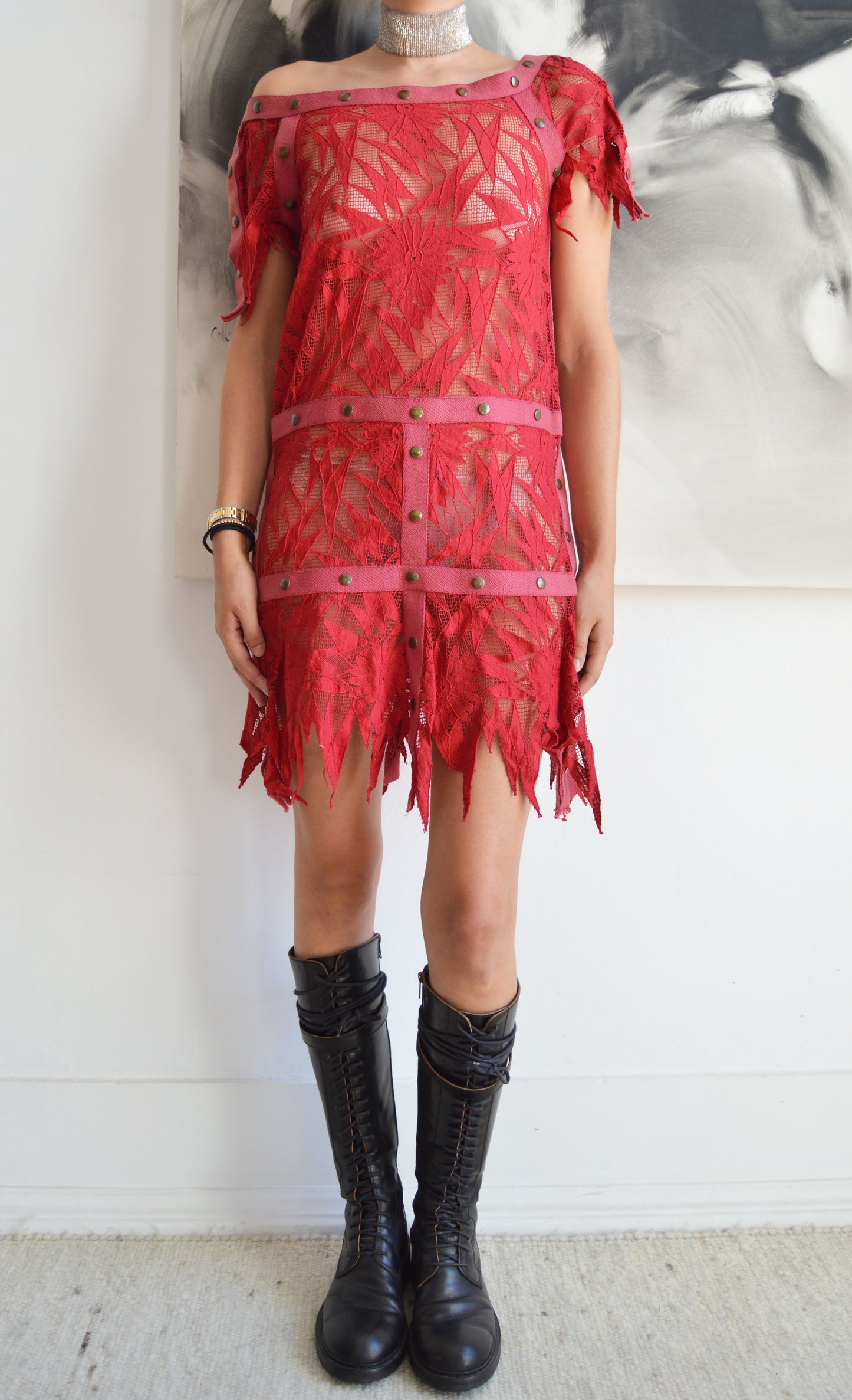 vintage thierry mugler ss 1980 red lace tunic dress