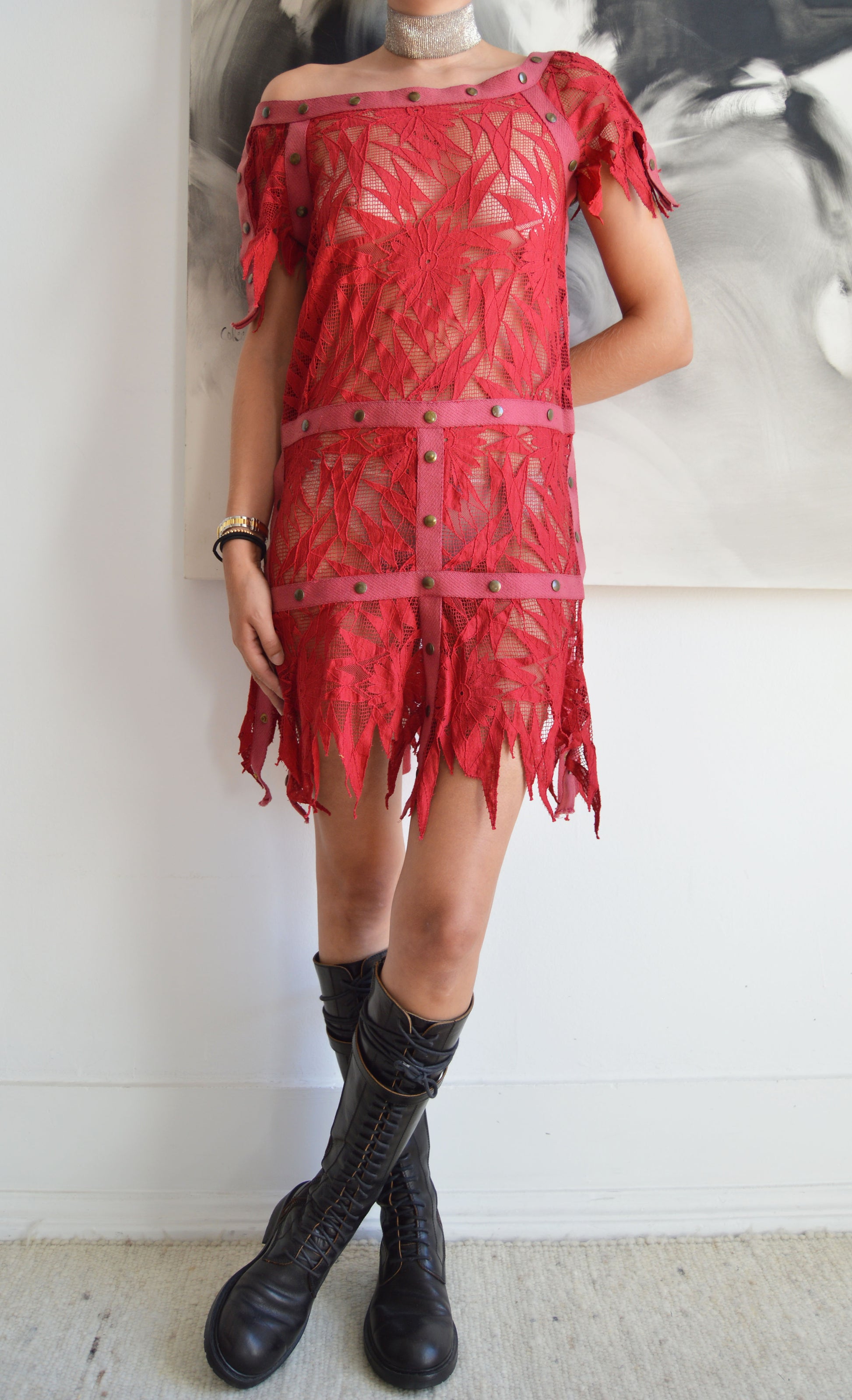 vintage thierry mugler ss 1980 red lace tunic dress