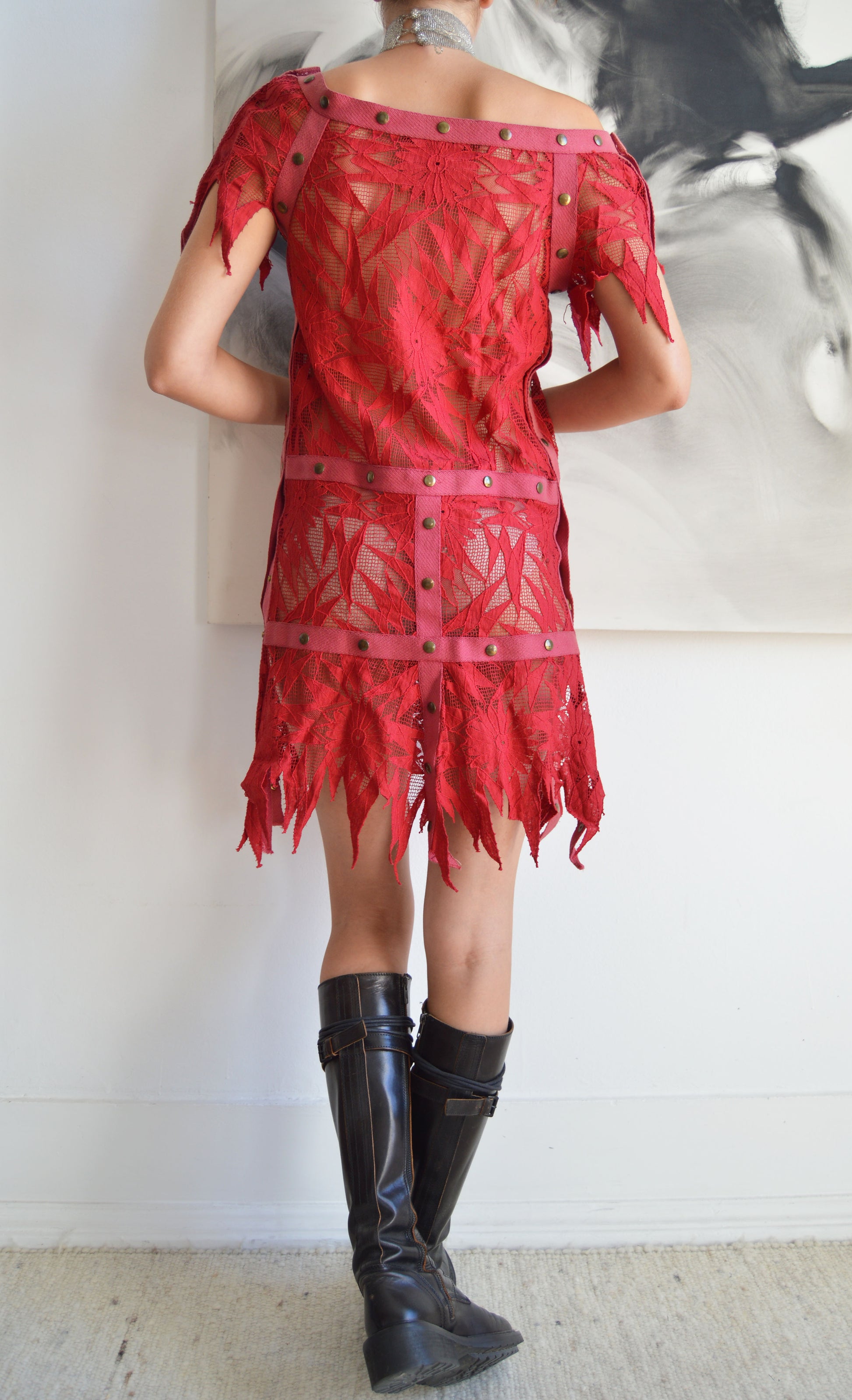 vintage thierry mugler ss 1980 red lace tunic dress