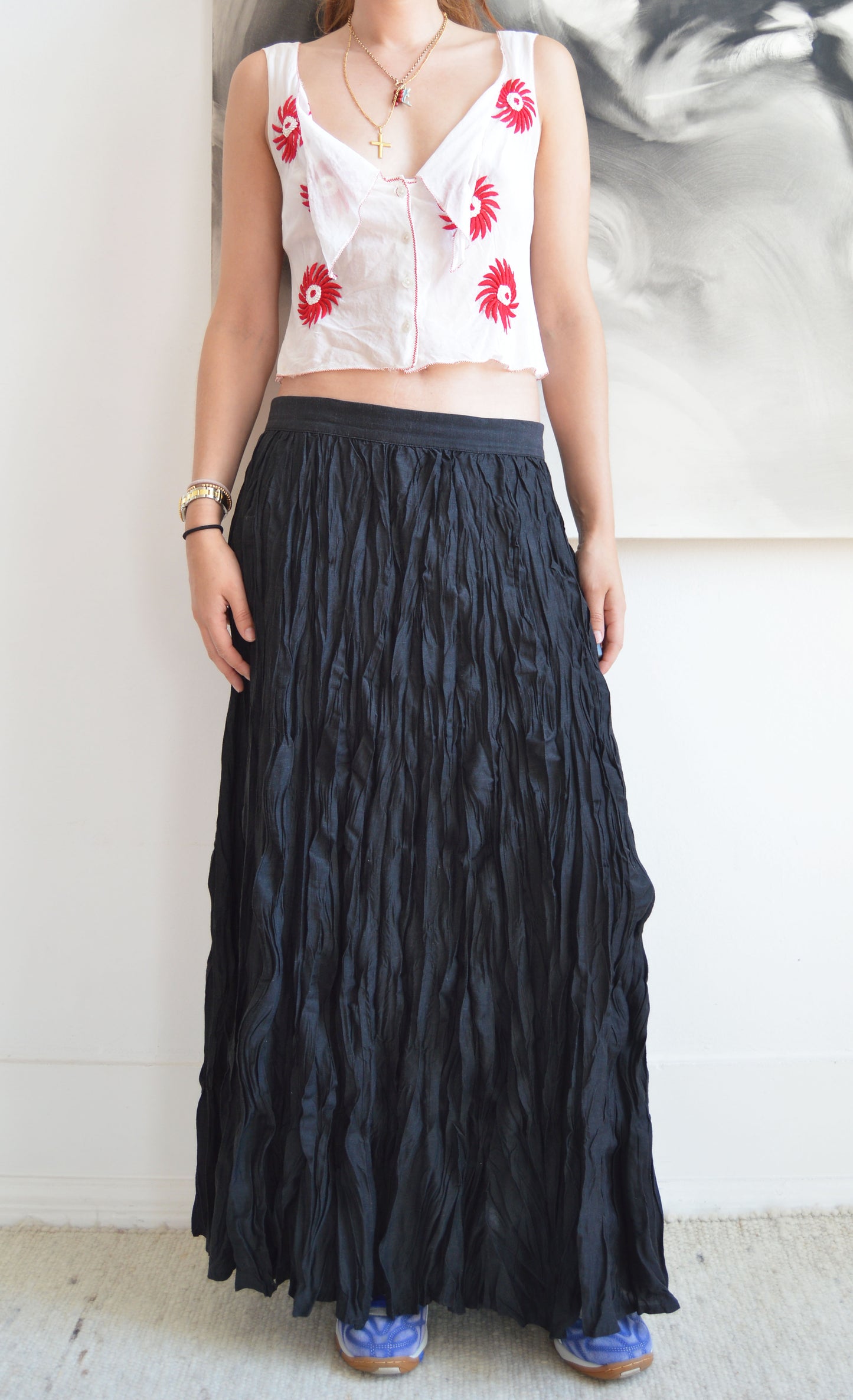 Vintage Kenzo jungle black crinkled maxi skirt