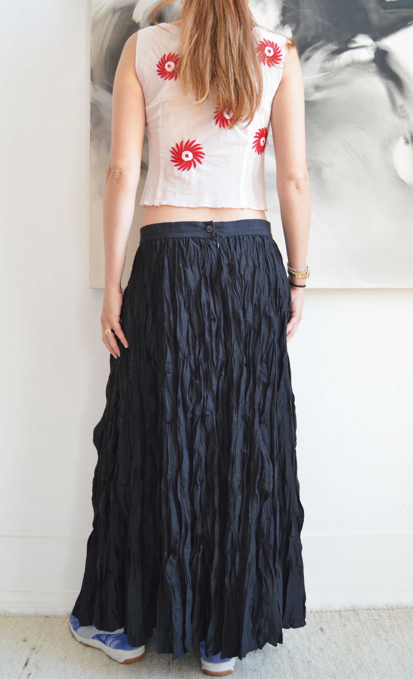 Vintage Kenzo jungle black crinkled maxi skirt