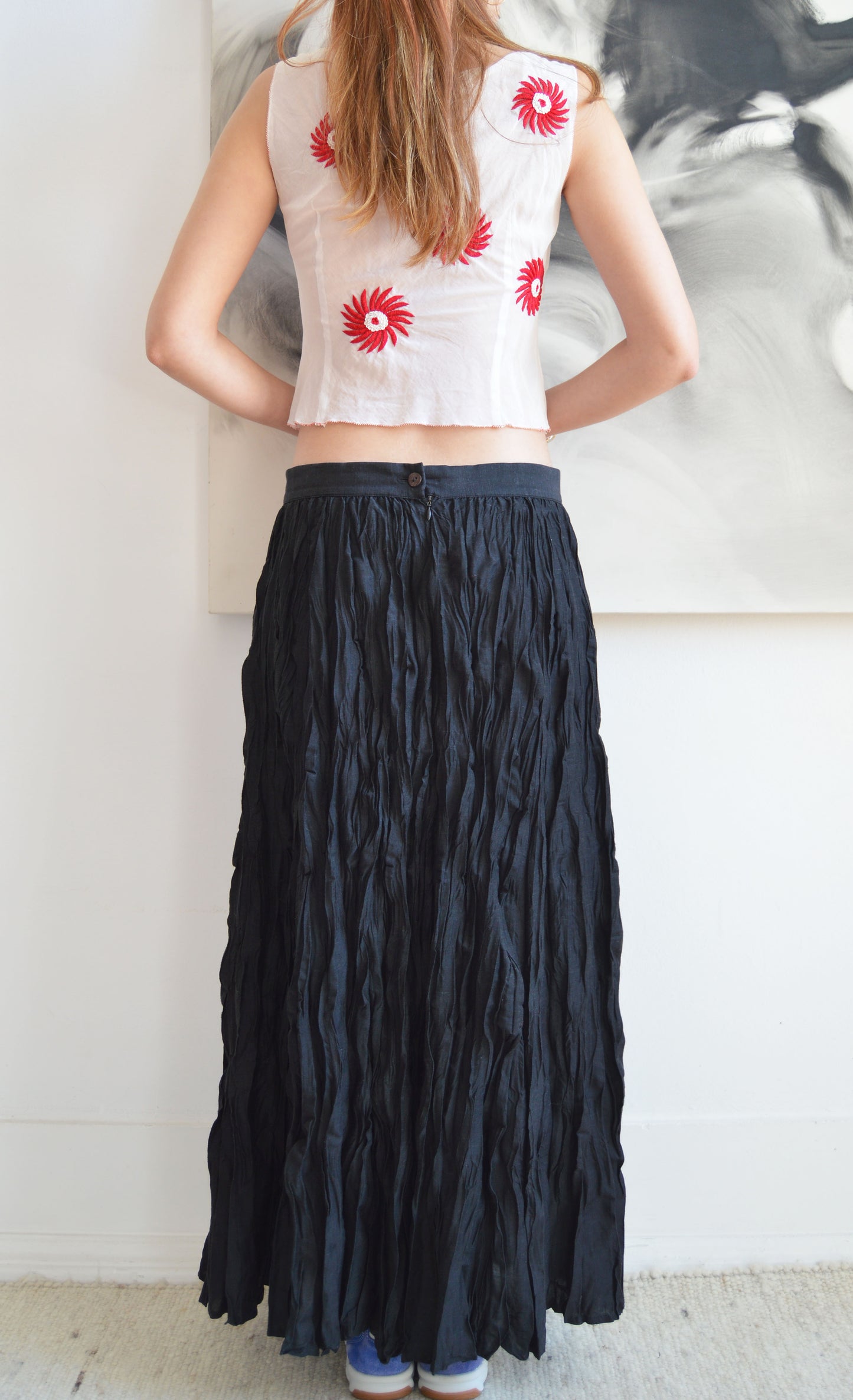 Vintage Kenzo jungle black crinkled maxi skirt