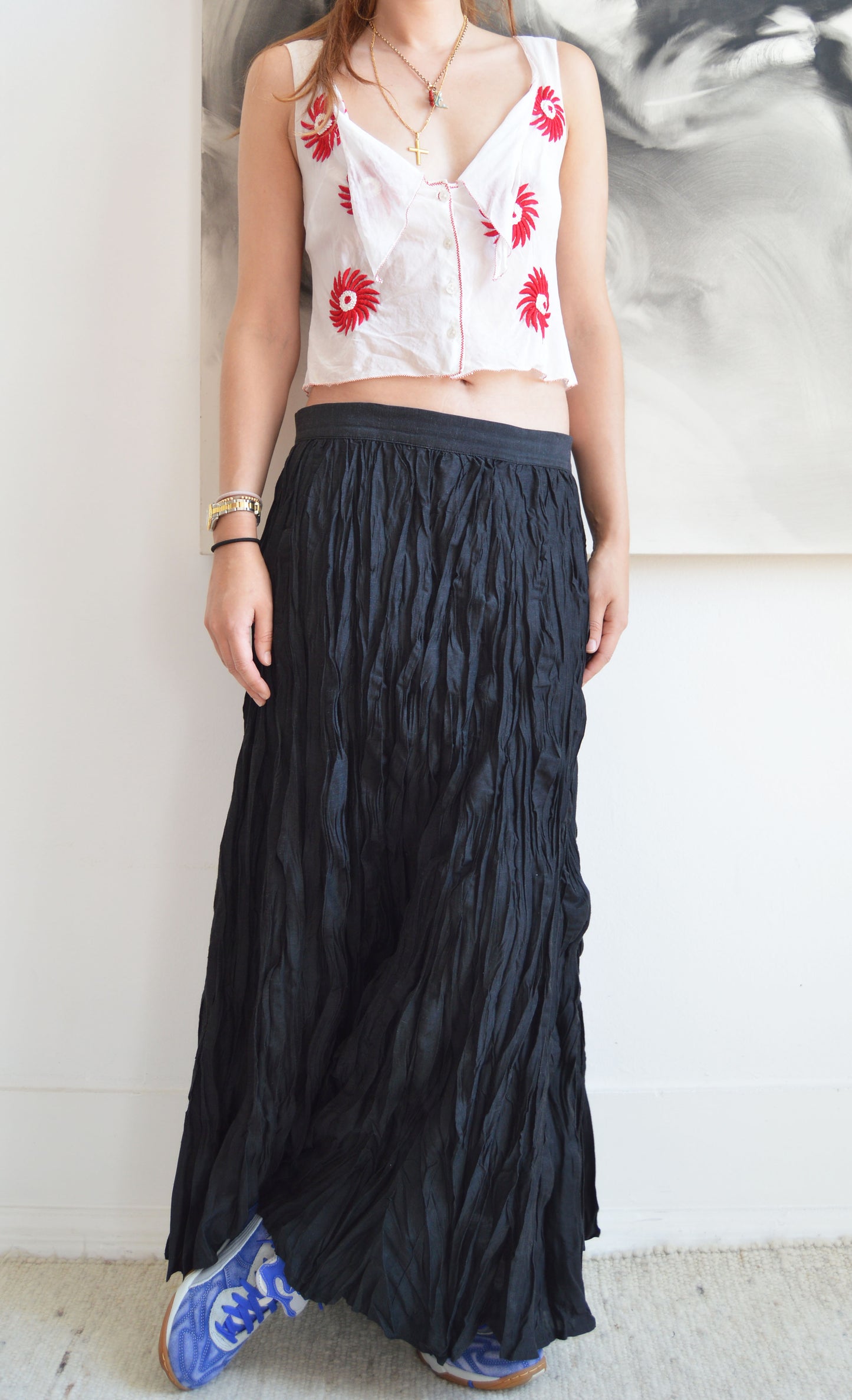 Vintage Kenzo jungle black crinkled maxi skirt