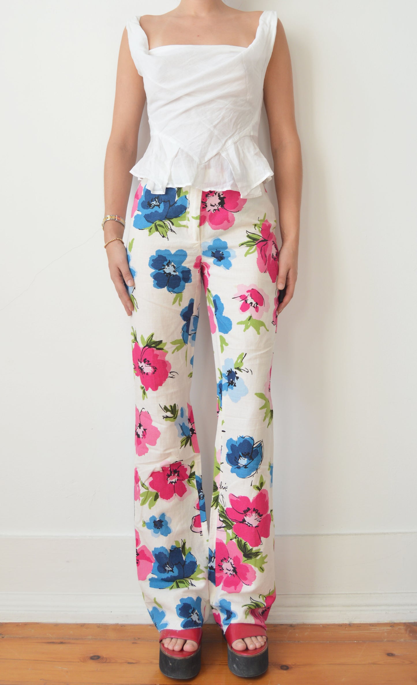 moschino cheap and chic floral linen flared trousers