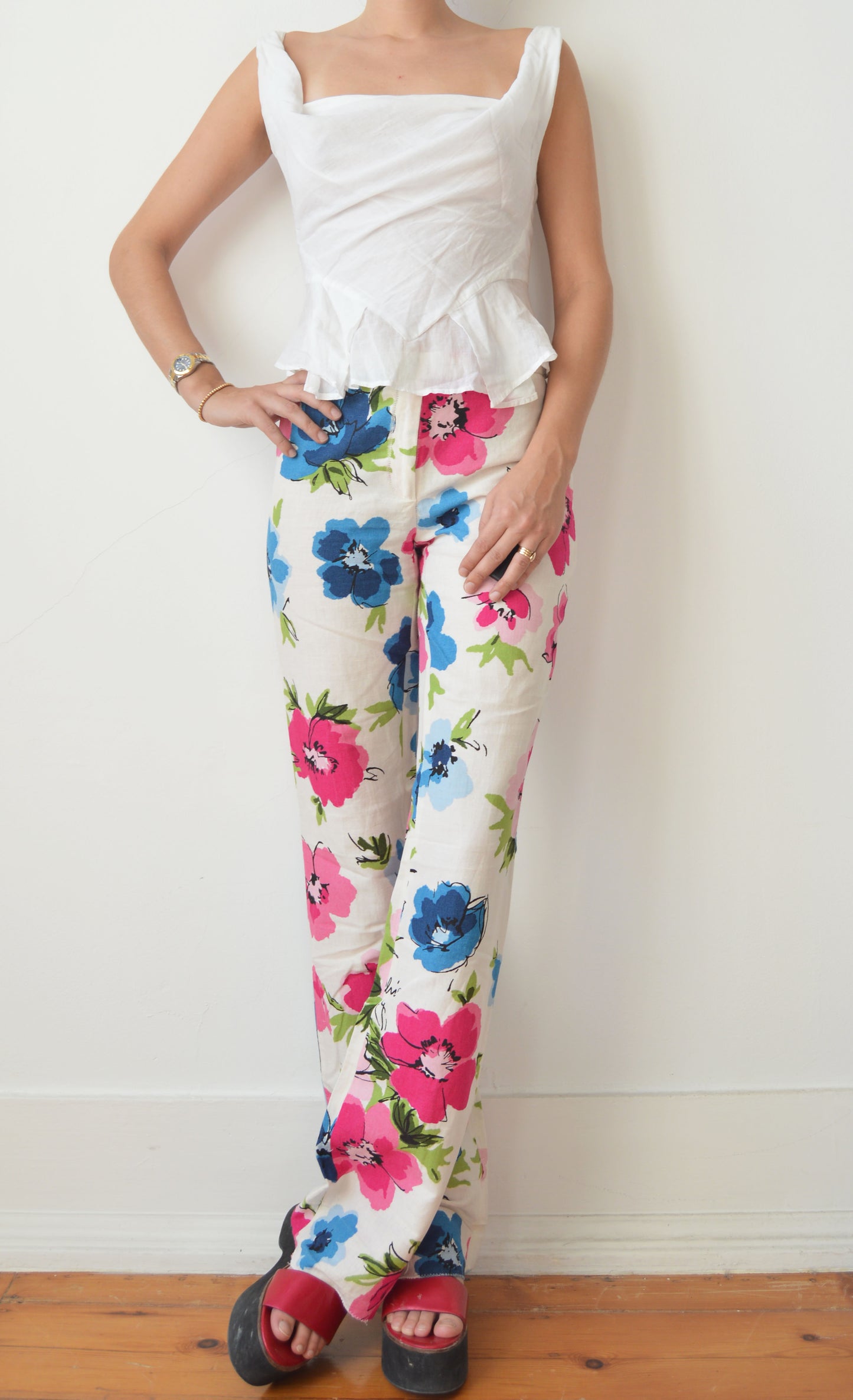 moschino cheap and chic floral linen flared trousers