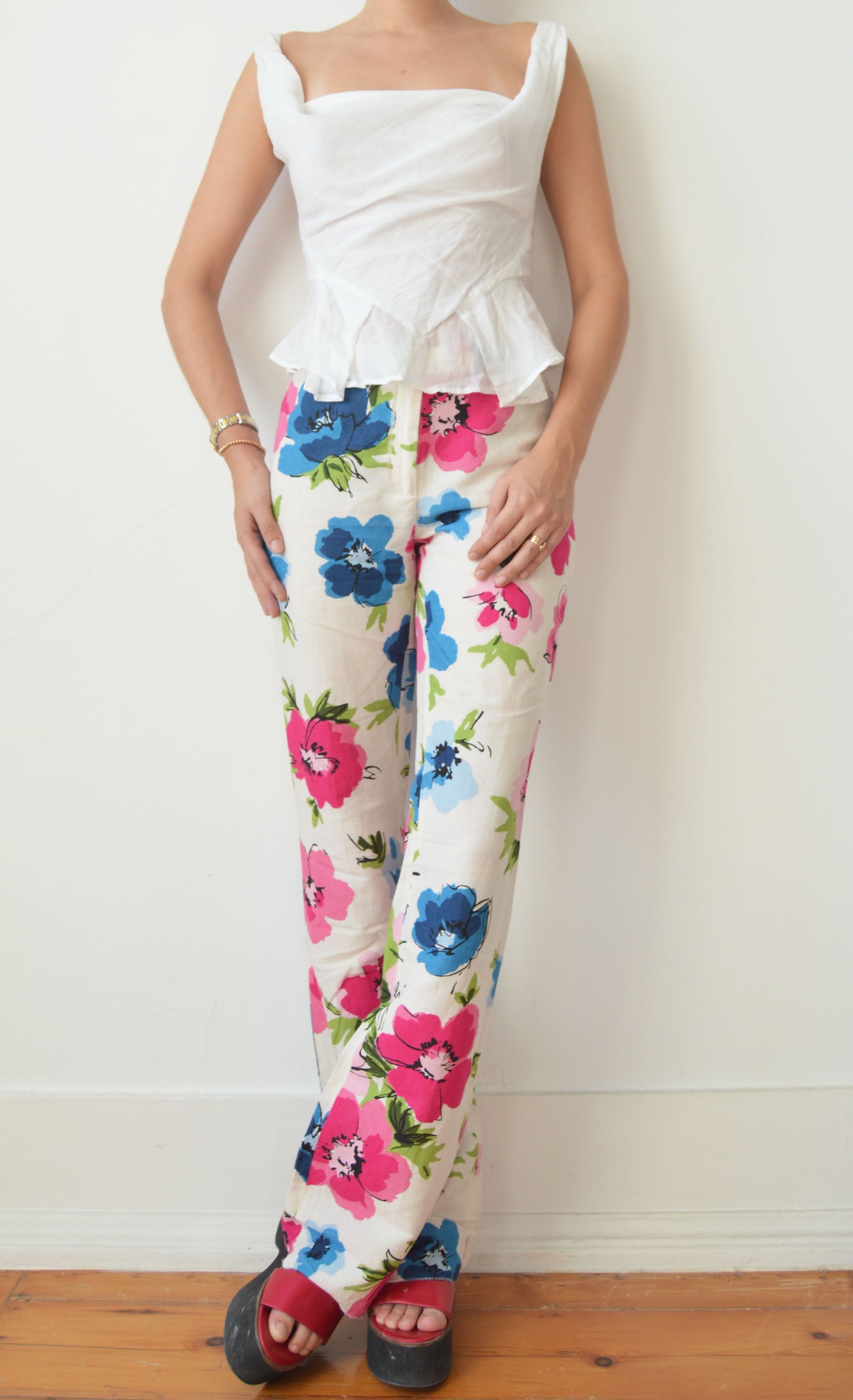 moschino cheap and chic floral linen flared trousers