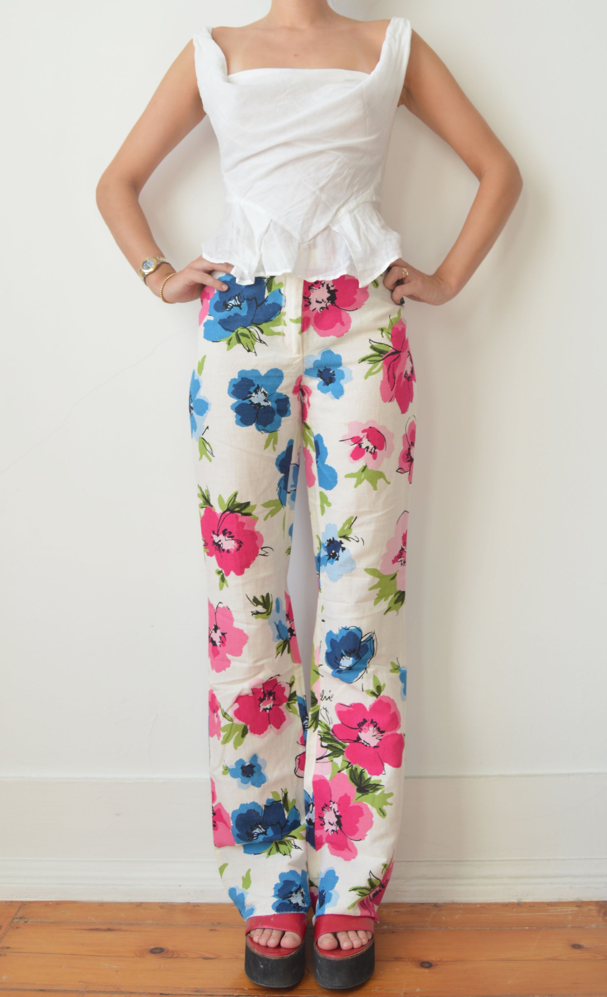 moschino cheap and chic floral linen flared trousers