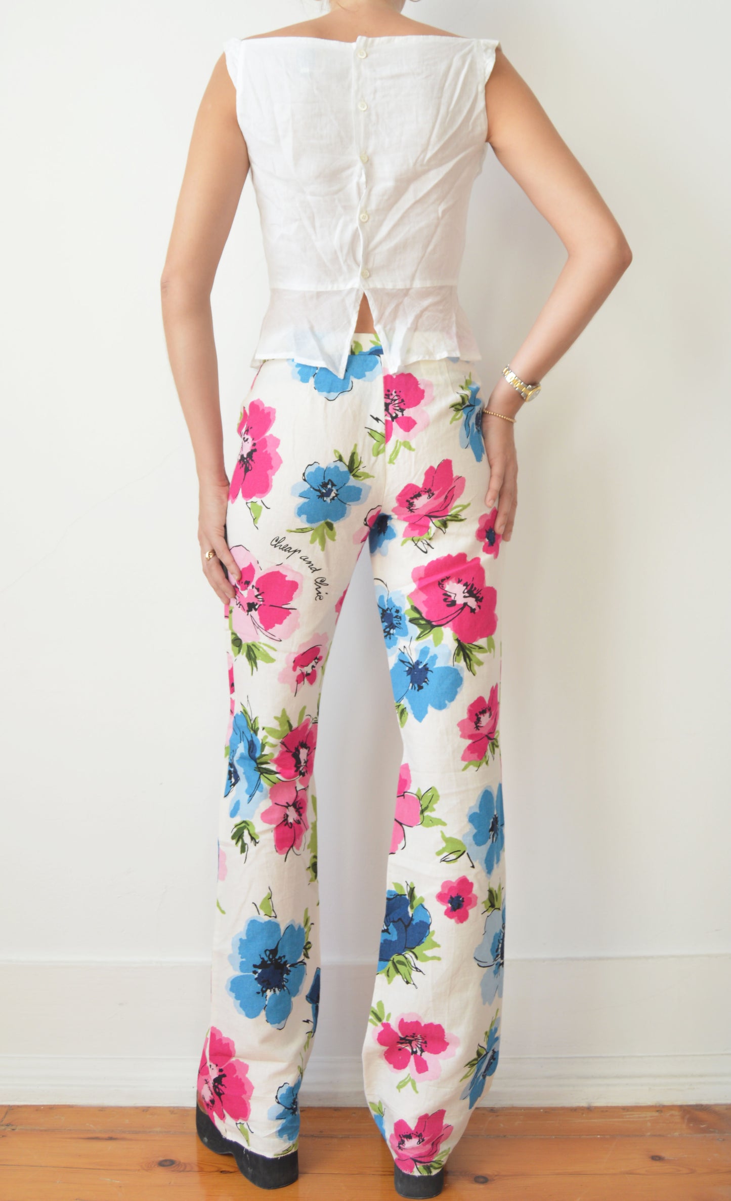 moschino cheap and chic floral linen flared trousers