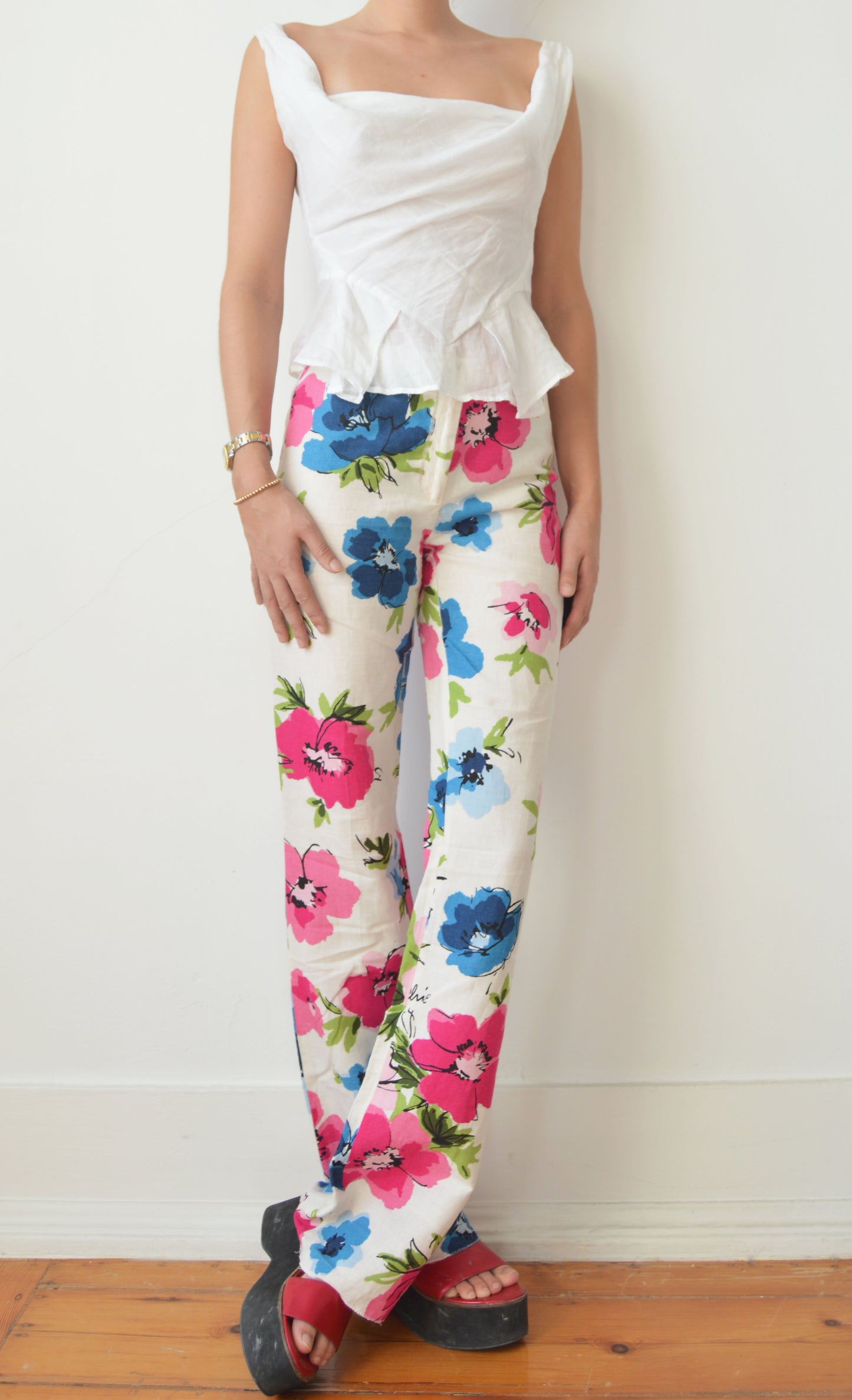 moschino cheap and chic floral linen flared trousers