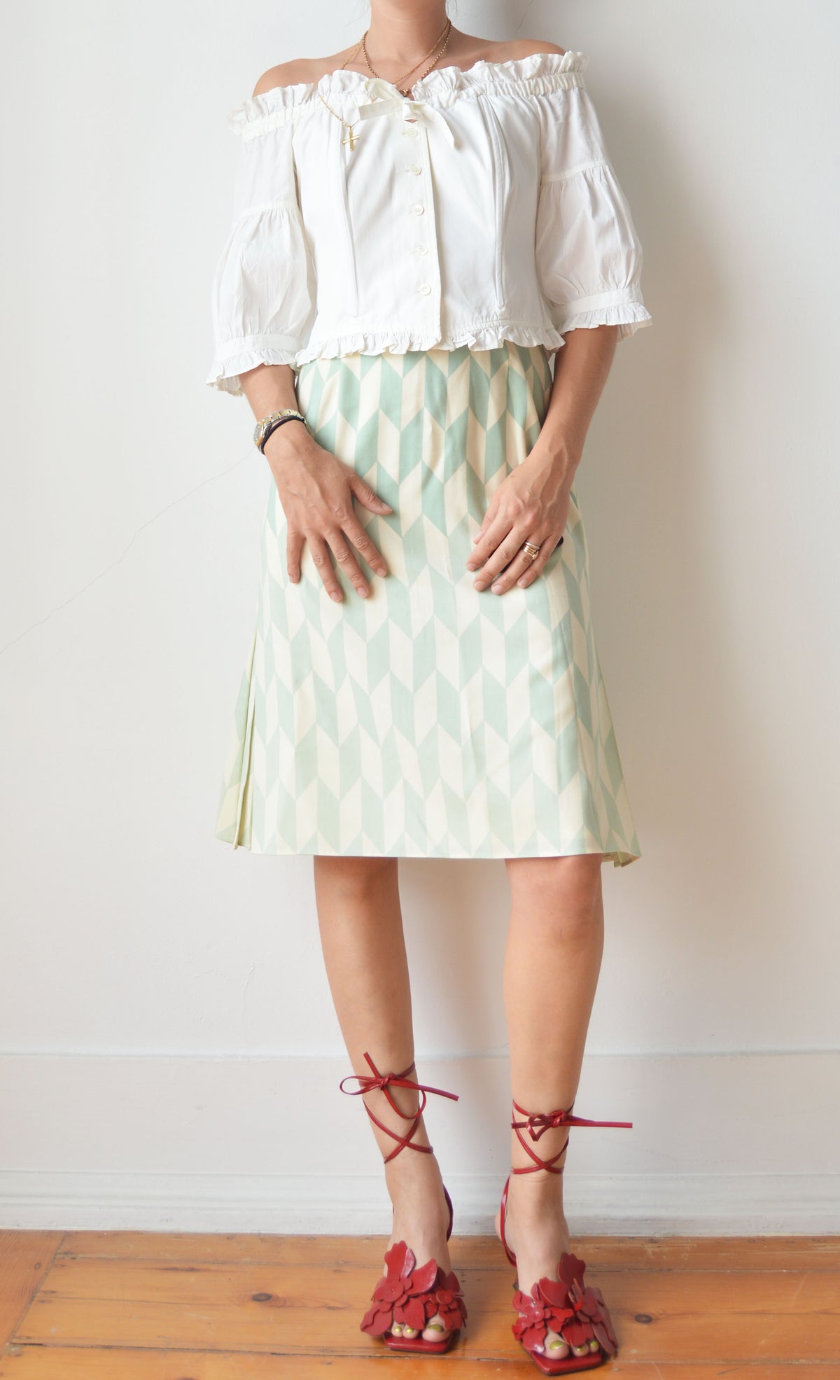 Chloé Green and White Harlequin Print Skirt