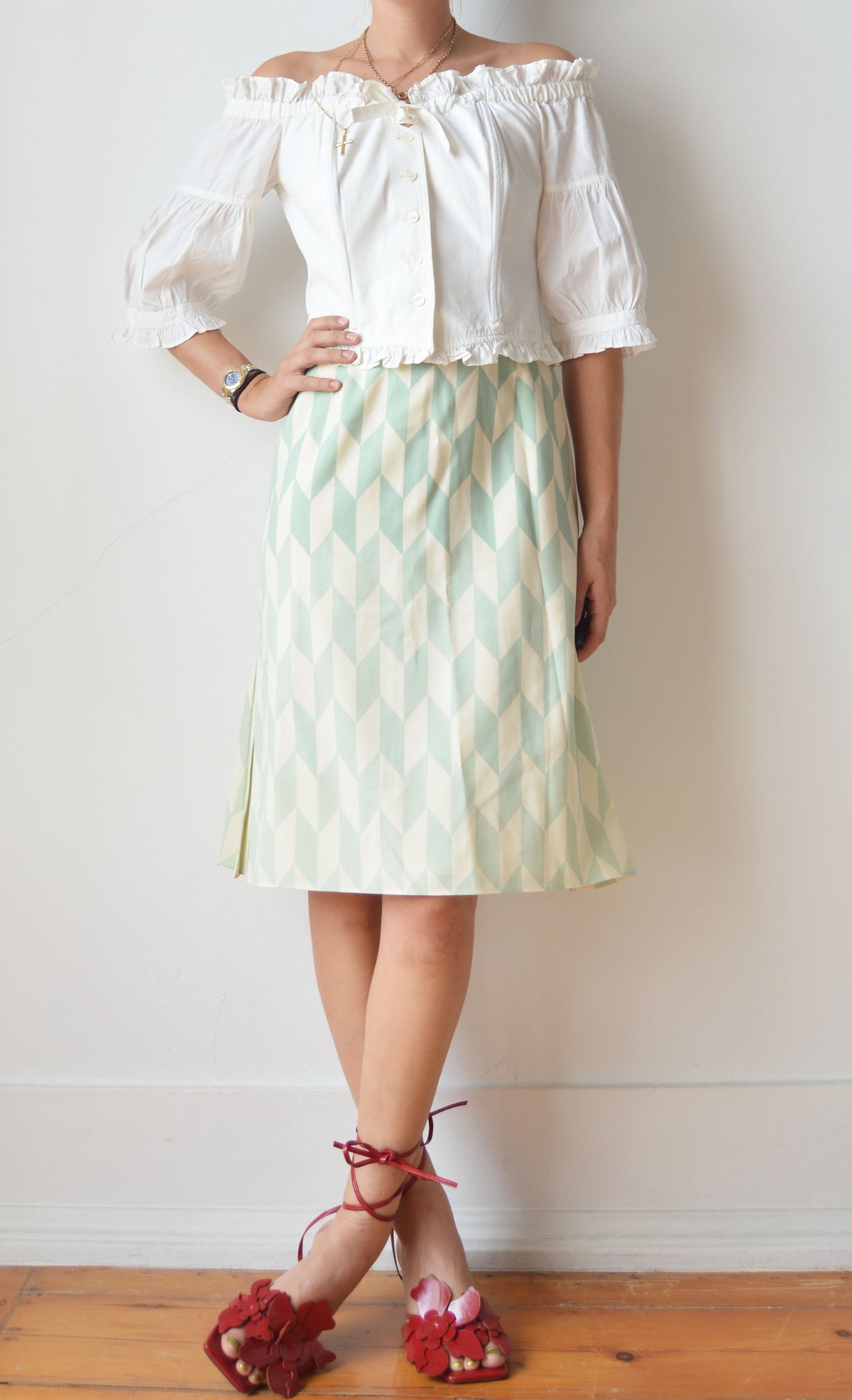 Chloé Green and White Harlequin Print Skirt