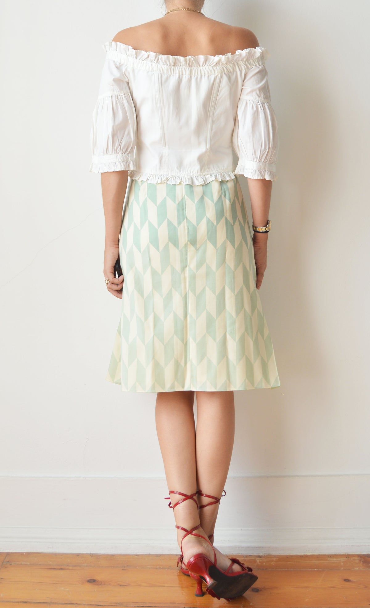 Chloé Green and White Harlequin Print Skirt