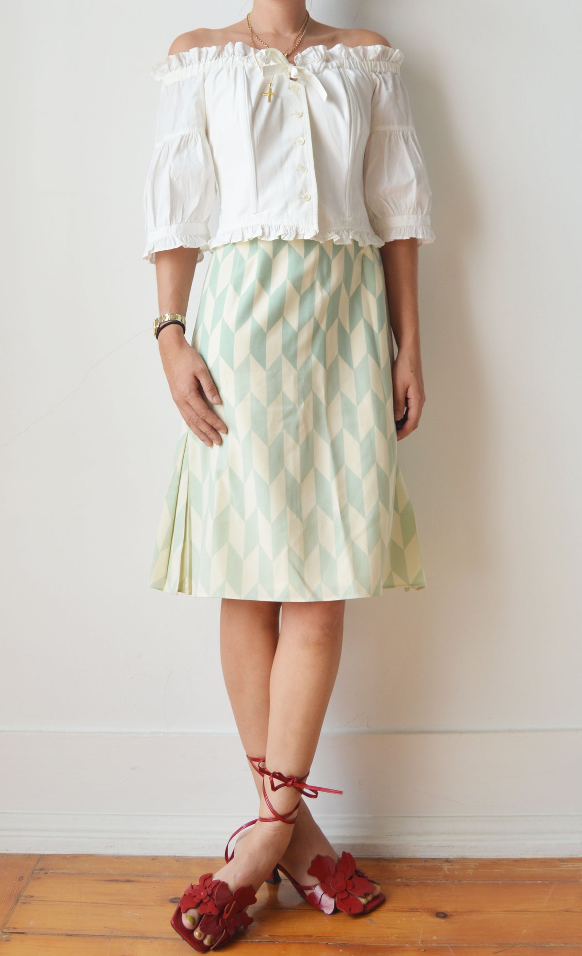 Chloé Green and White Harlequin Print Skirt