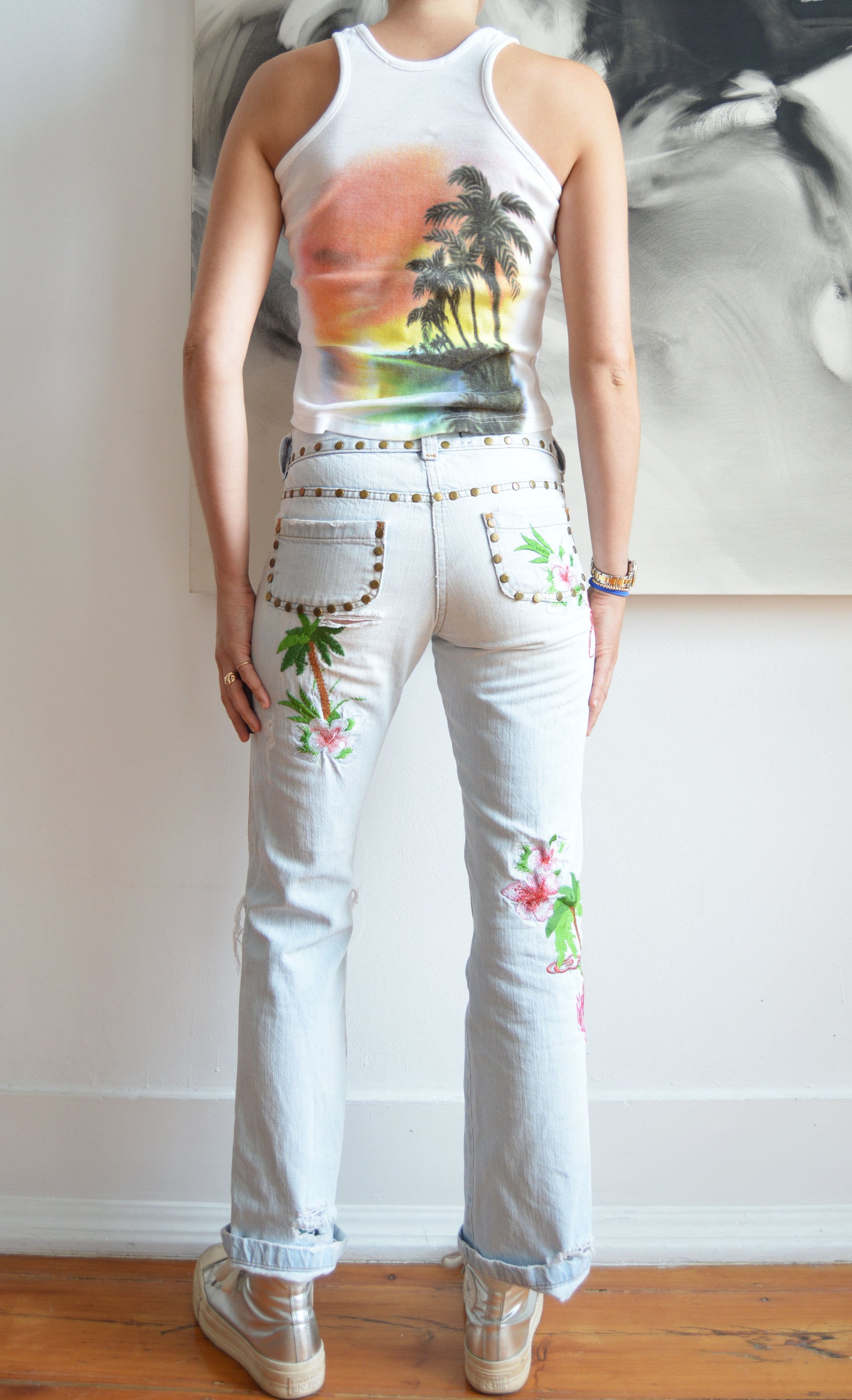 dolce gabbana palm embroidered jeans