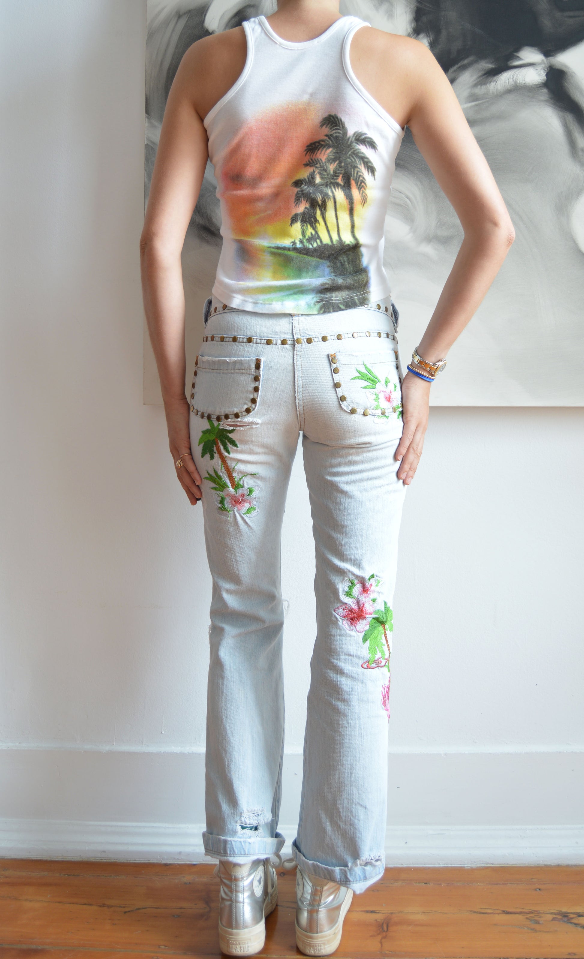 dolce gabbana palm embroidered jeans