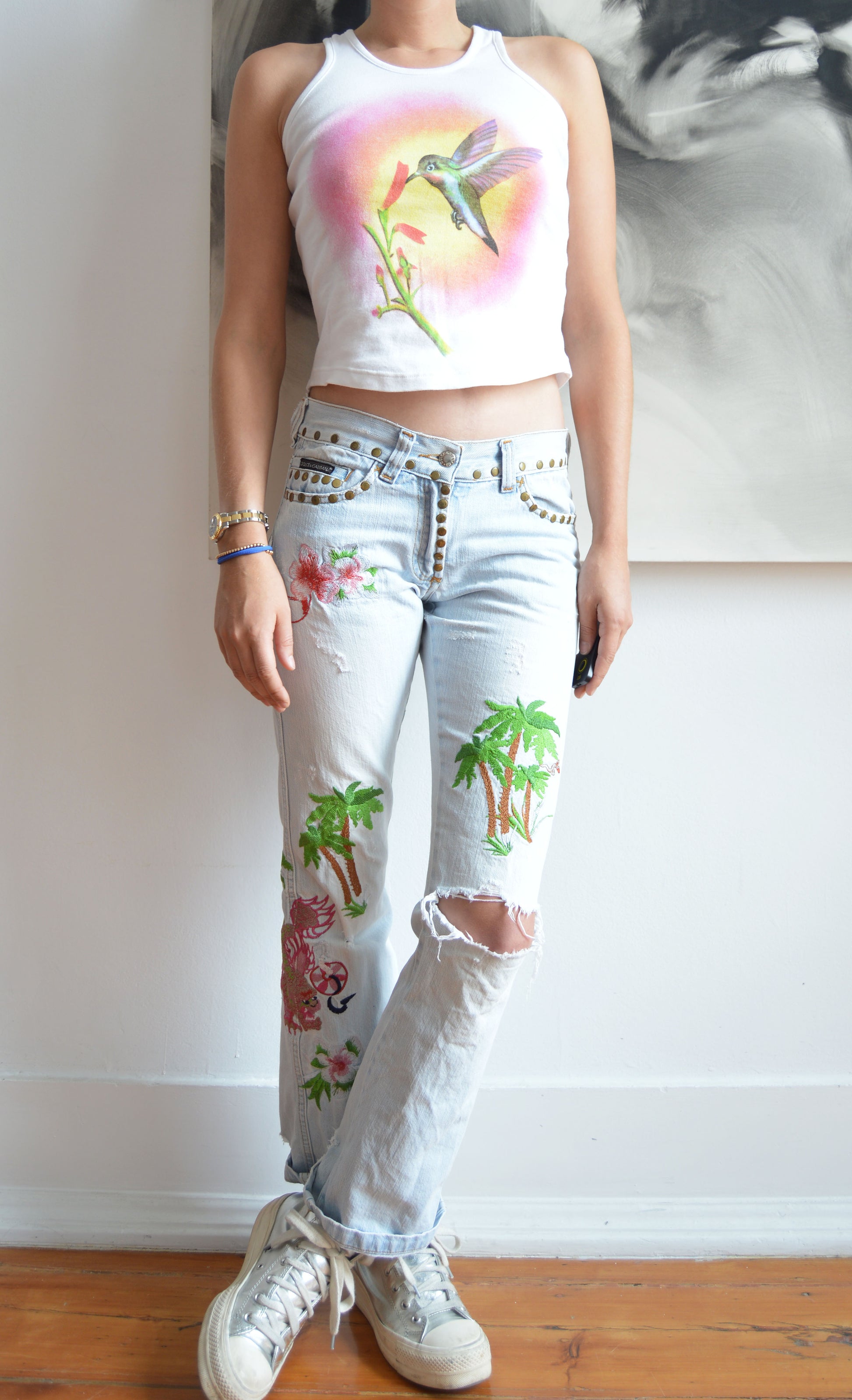 dolce gabbana palm embroidered jeans