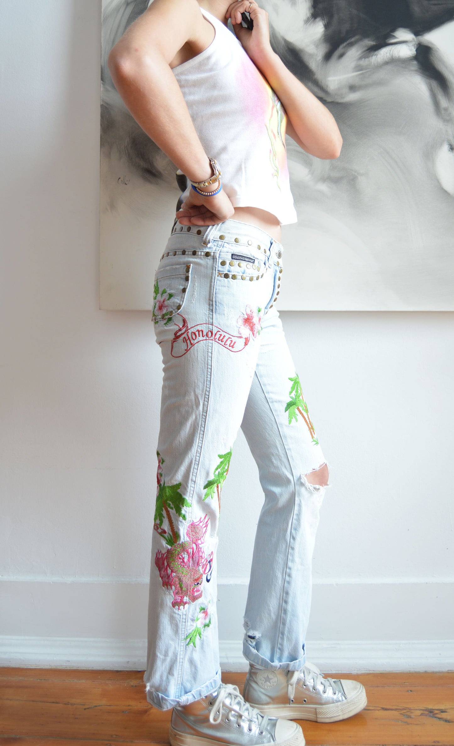 dolce gabbana palm embroidered jeans