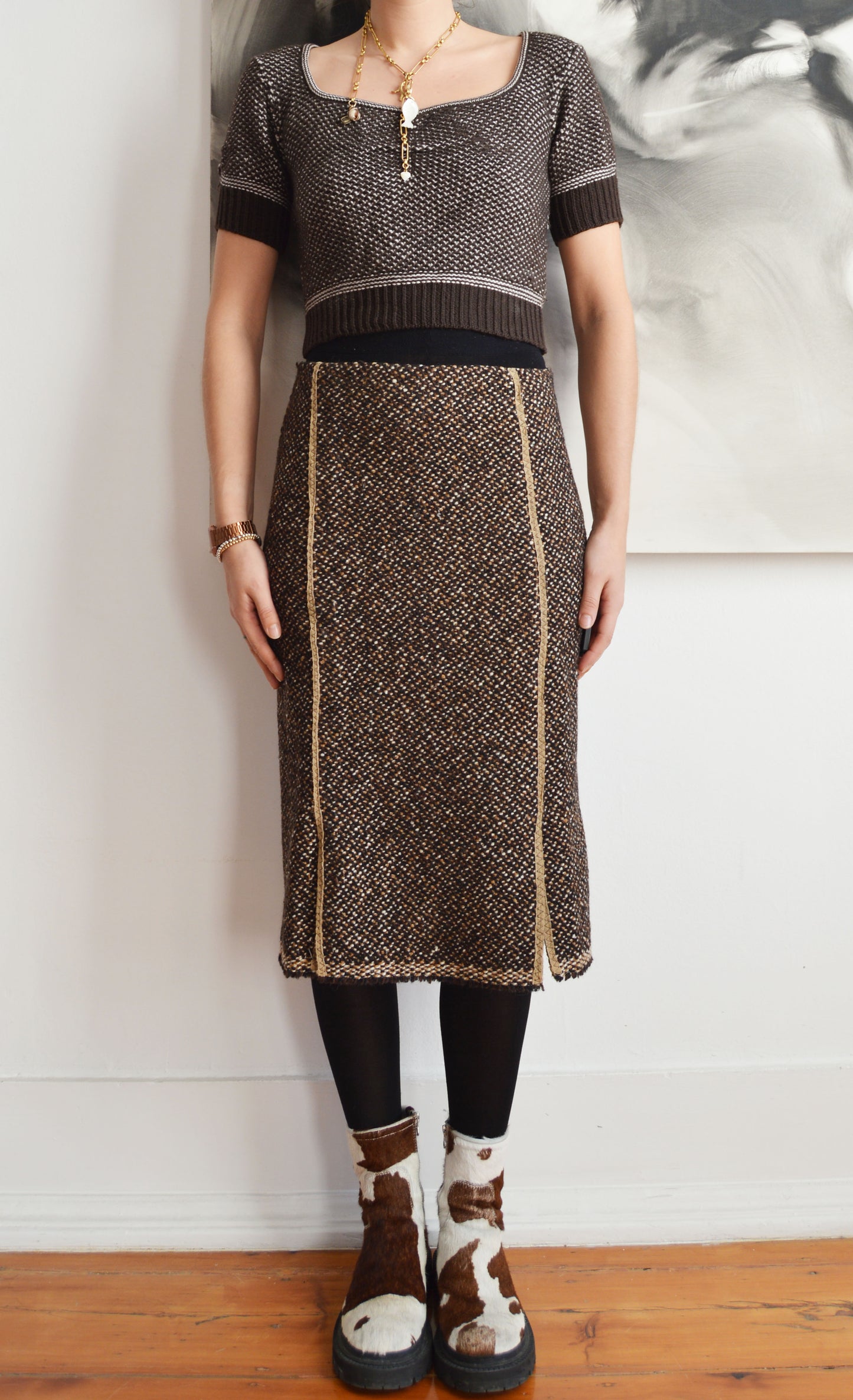 vintage prada fw 2000 brown tweed skirt