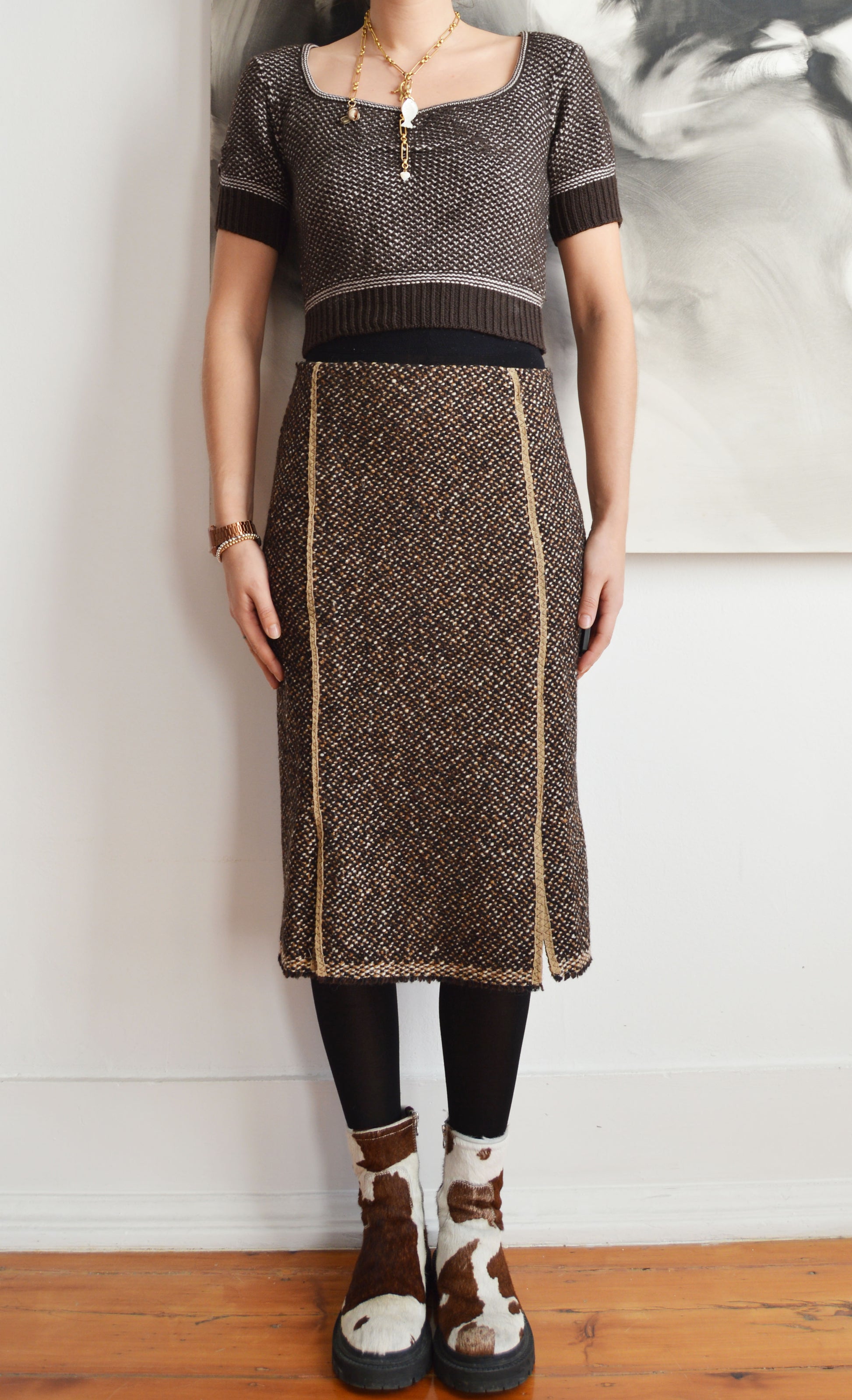 vintage prada fw 2000 brown tweed skirt