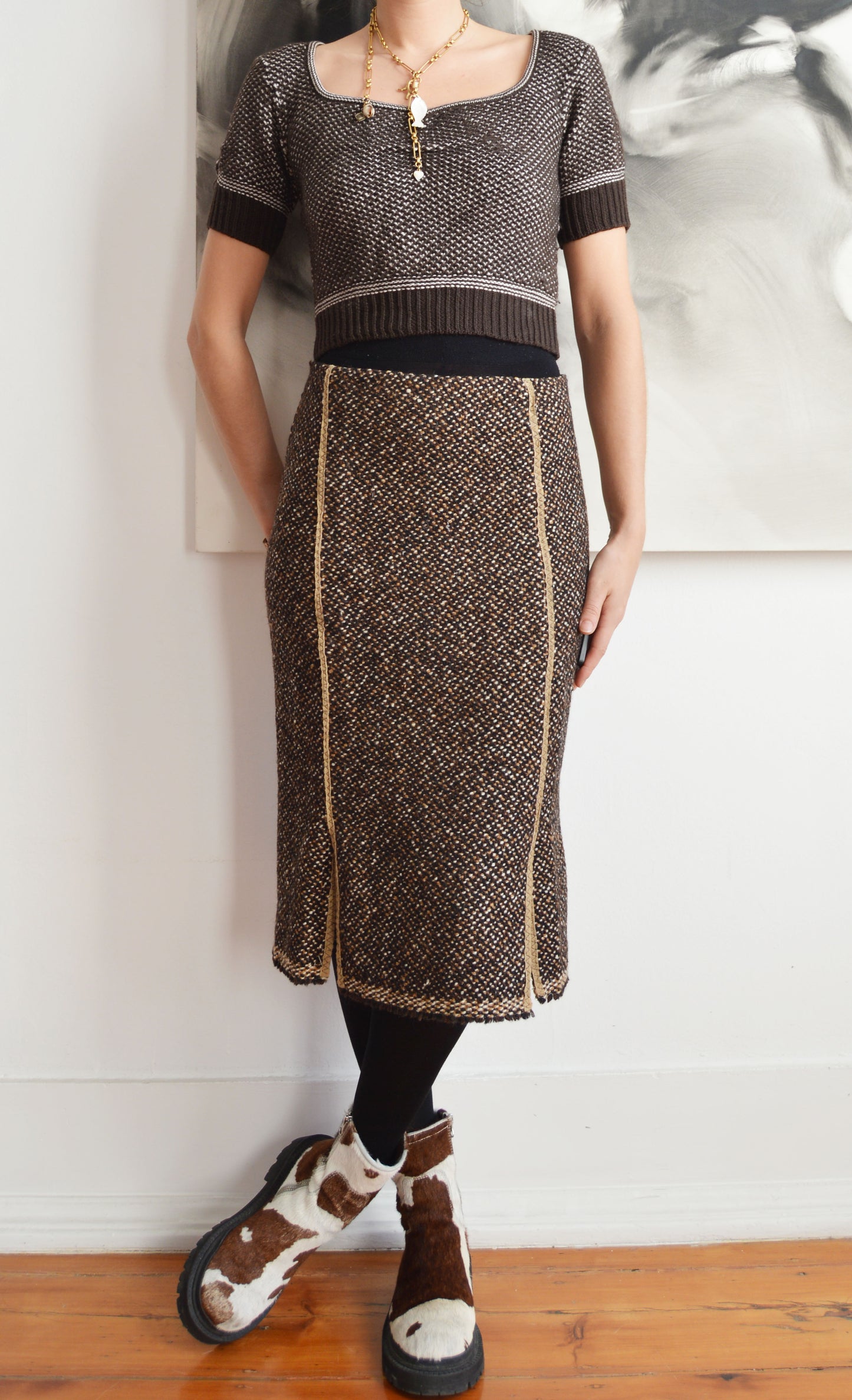 vintage prada fw 2000 brown tweed skirt