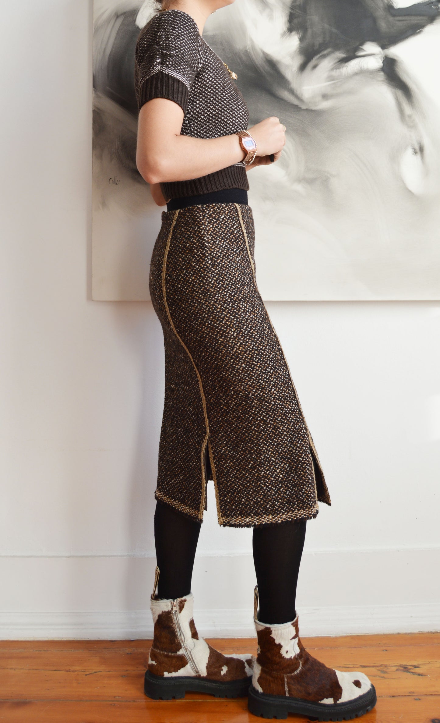 vintage prada fw 2000 brown tweed skirt