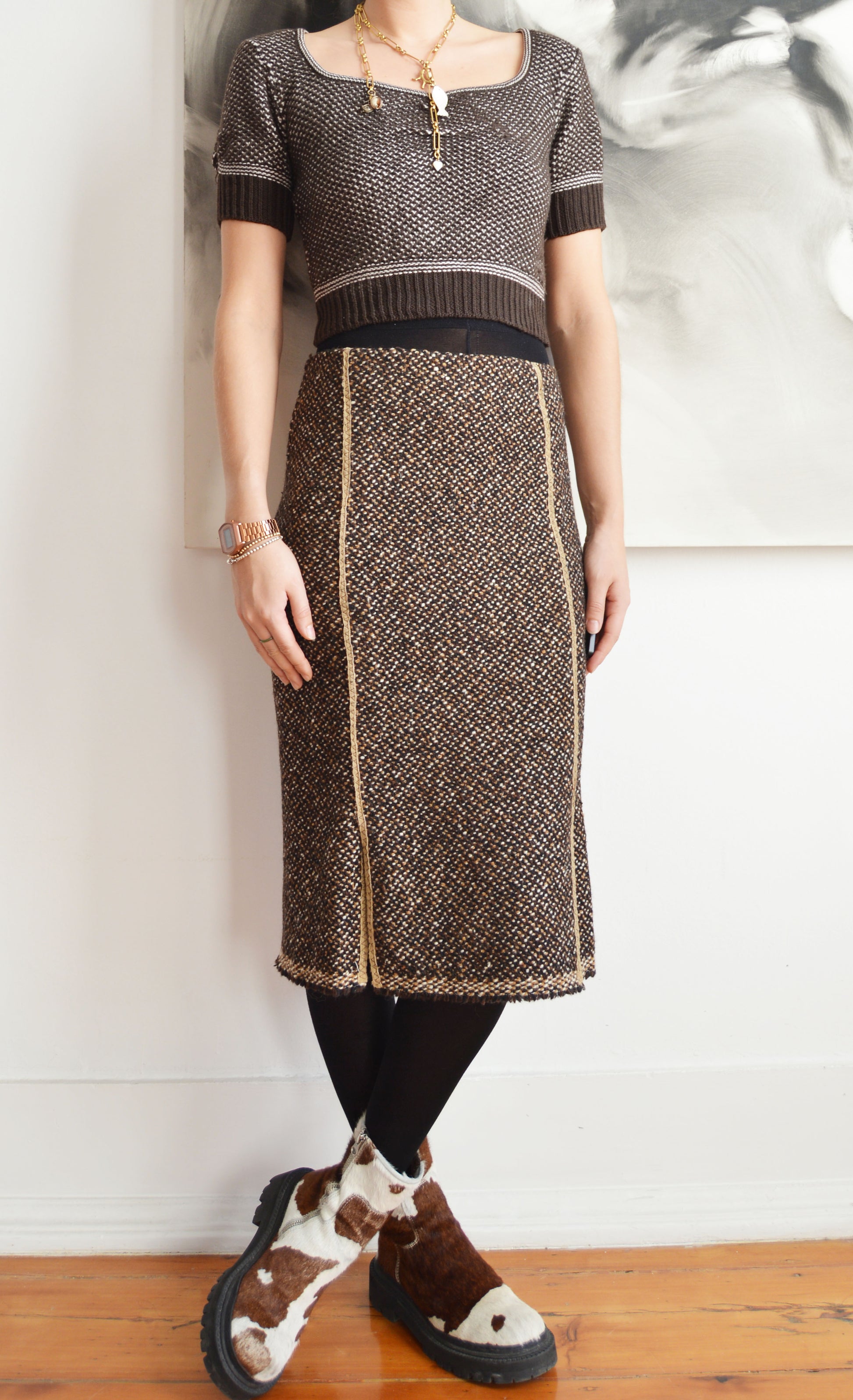 vintage prada fw 2000 brown tweed skirt