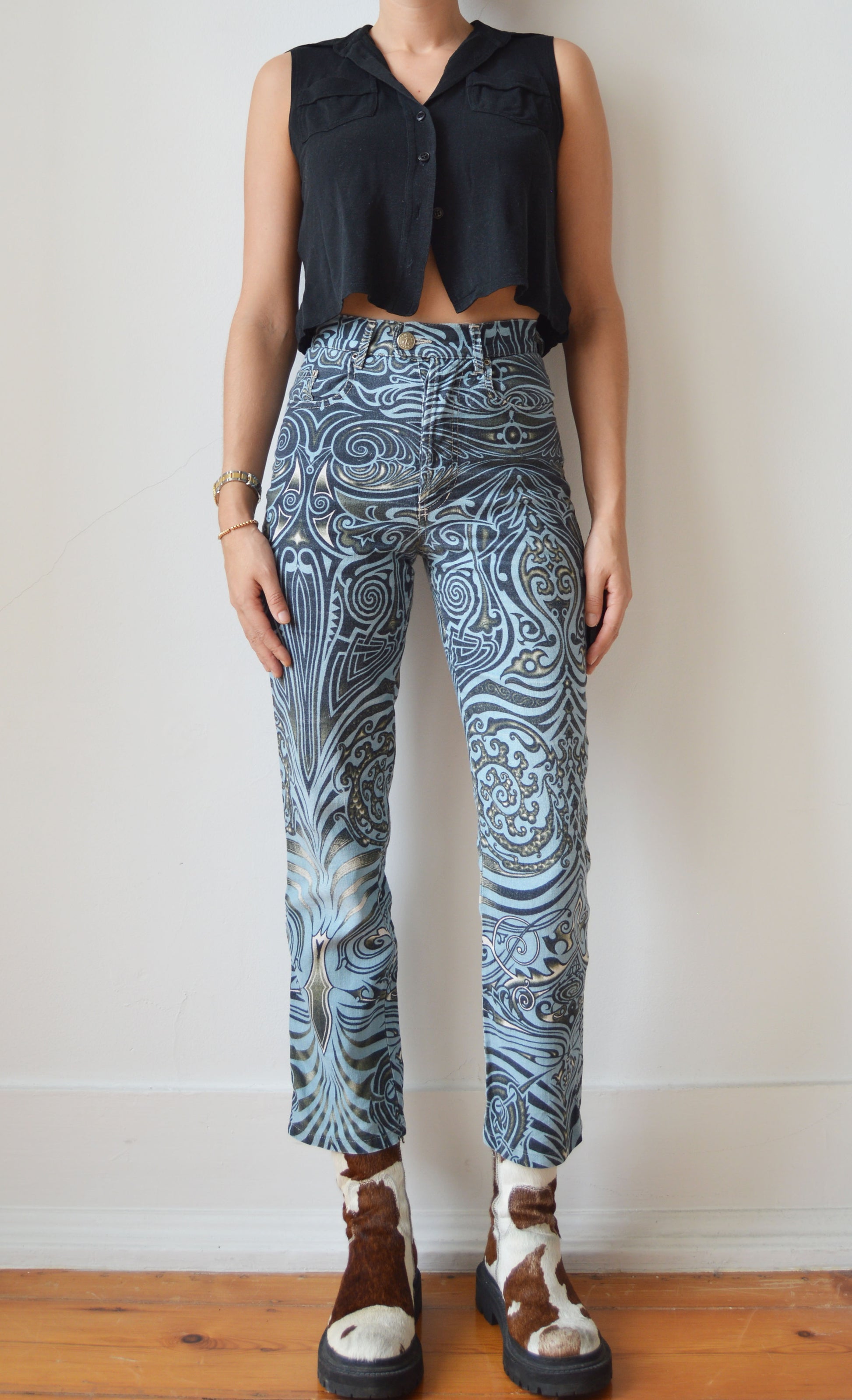 vintage gaultier jeans ss 1996 tribal print high waisted jeans