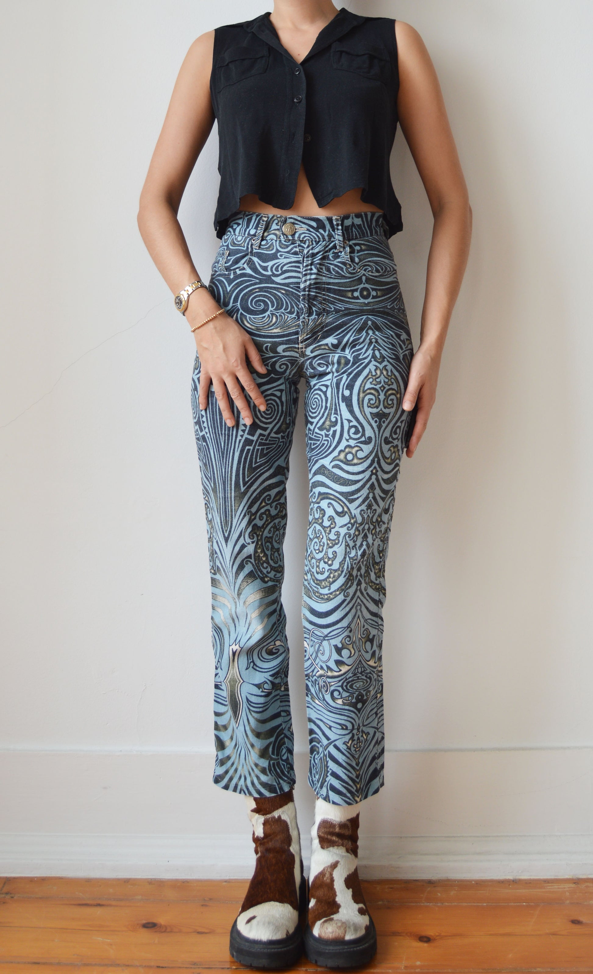 vintage gaultier jeans ss 1996 tribal print high waisted jeans