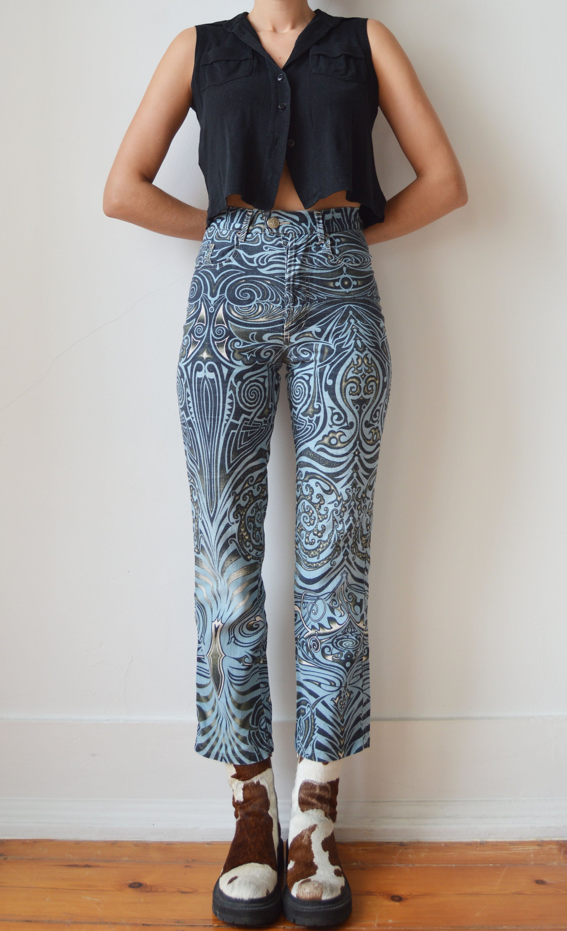 vintage gaultier jeans ss 1996 tribal print high waisted jeans