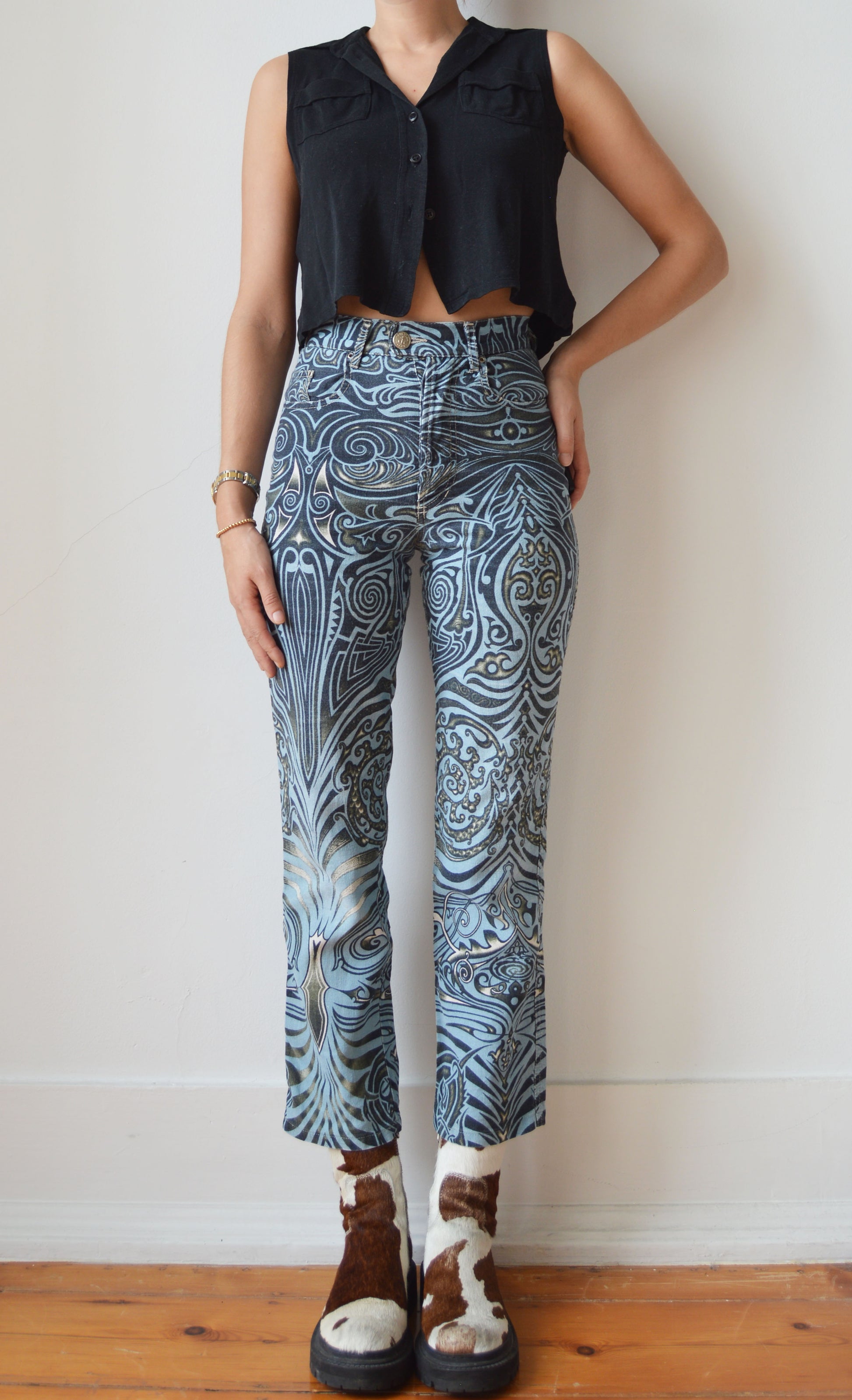 vintage gaultier jeans ss 1996 tribal print high waisted jeans