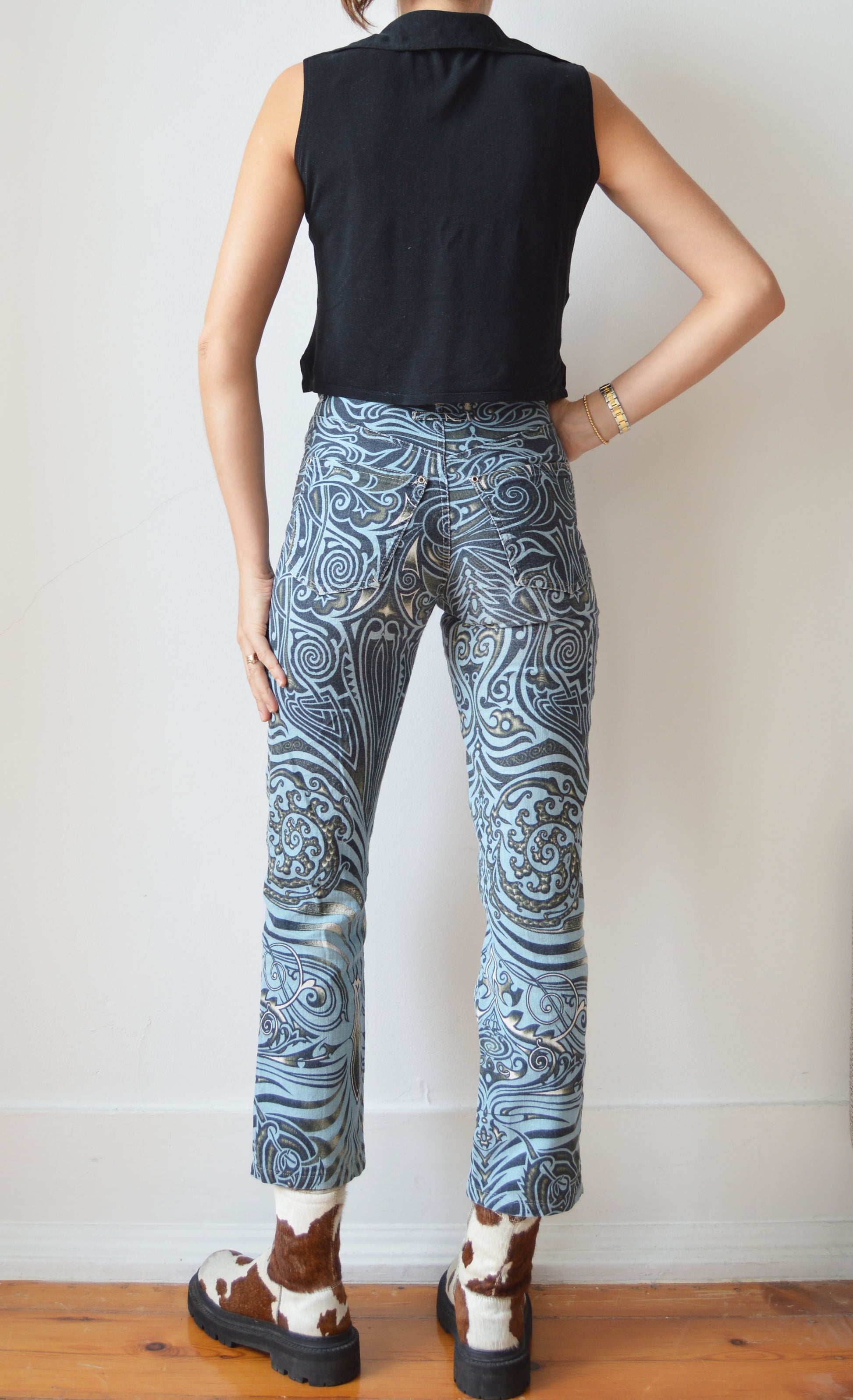 vintage gaultier jeans ss 1996 tribal print high waisted jeans