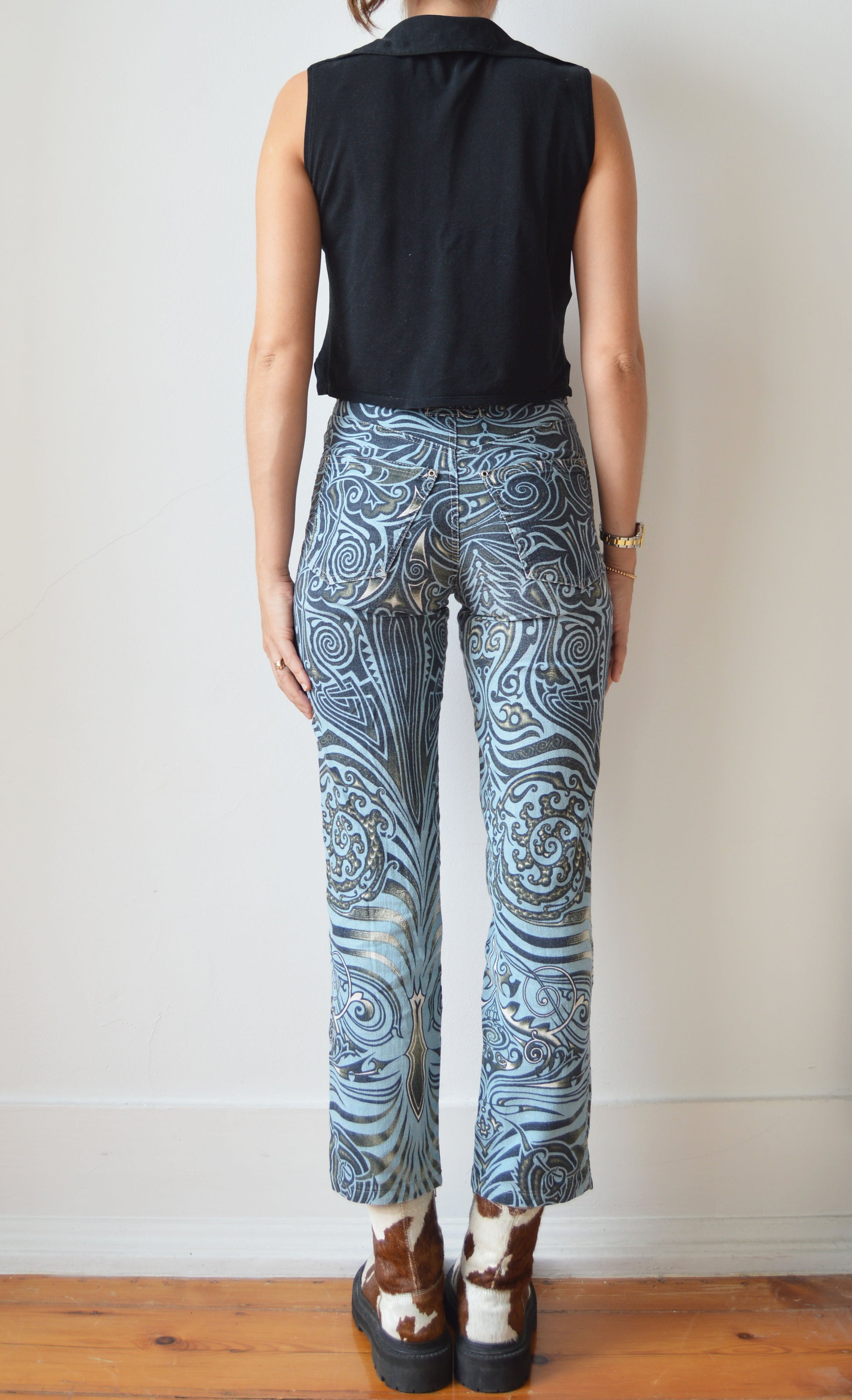 vintage gaultier jeans ss 1996 tribal print high waisted jeans